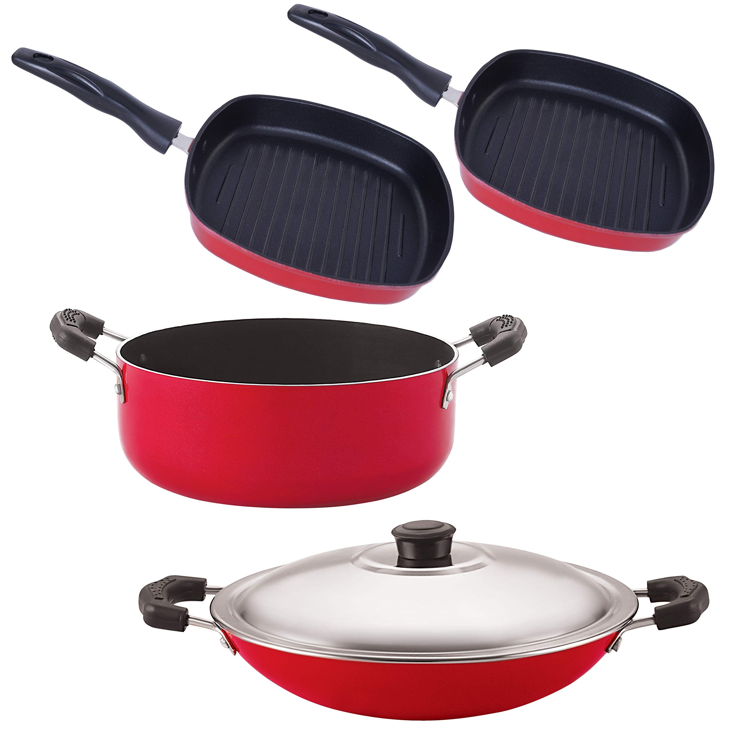 Nirlon NonStick Aluminium Cookware Set, 4Pieces, Red And Black (2.6Mm_Ac_Gp(22.5)_Gp(24)_Cass22)