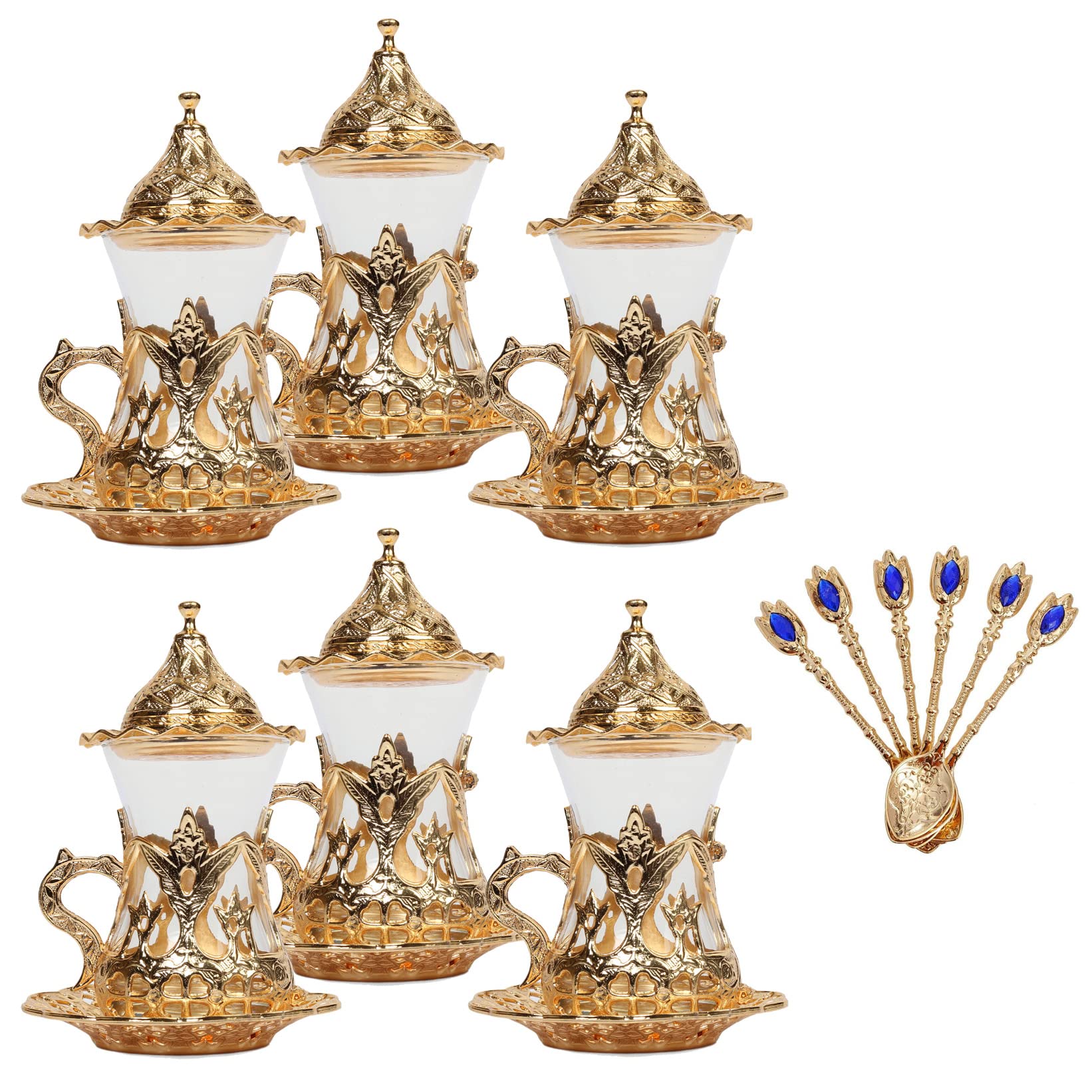 Alisveristime (Set Of 6 Handmade Turkish Tea Water Zamzam Serving Set Glasses Saucer (Gold)