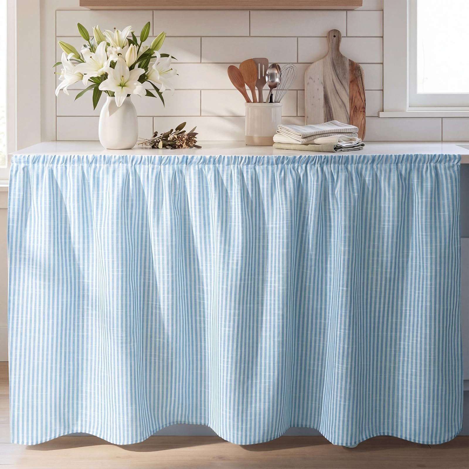 VitalCozy Cabinet Curtain 28 W x 51 L Sink Skirt for Bathroom Kitchen Blue Stripes Short Curtain for Home Classroom Farmhouse Ru