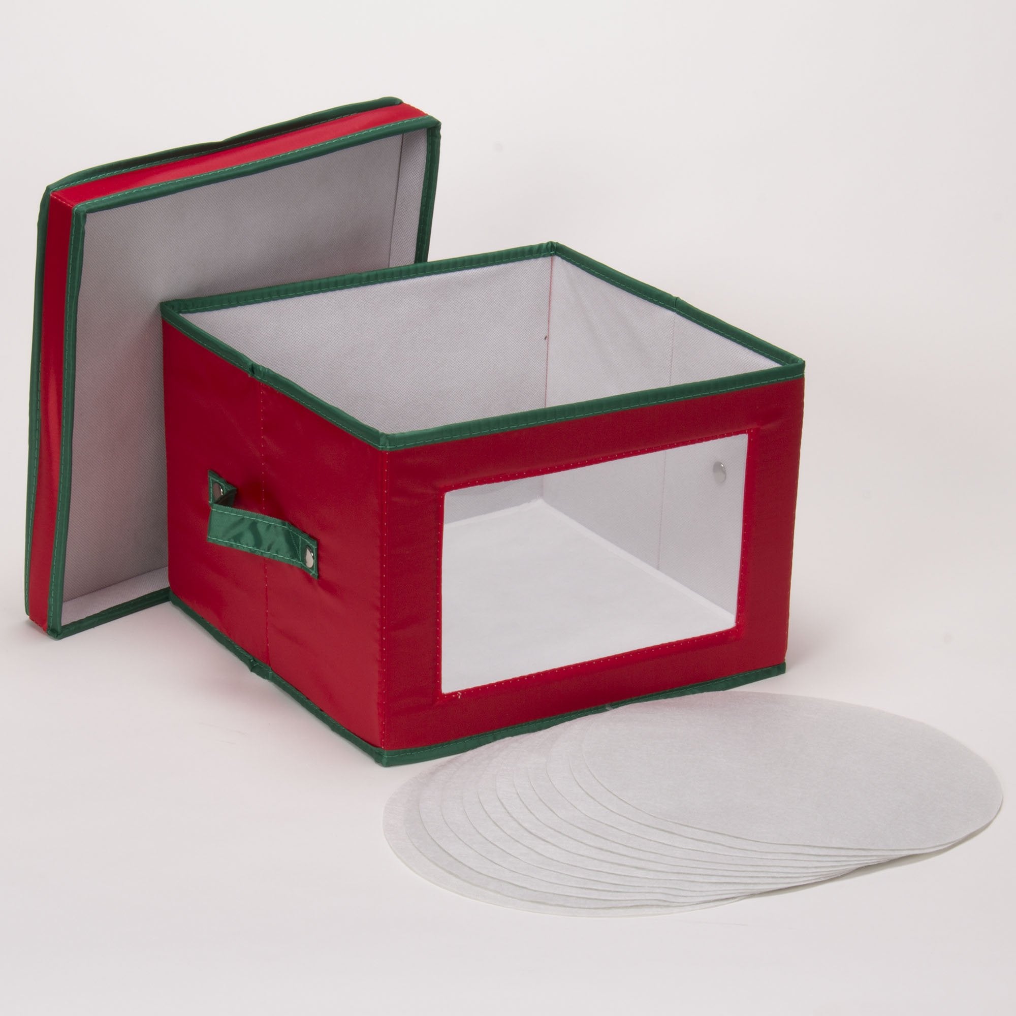 Household Essentials 536Red Holiday China Storage Chest With Lid And Handles | Dinner Plate | Red Canvas With Green Trim