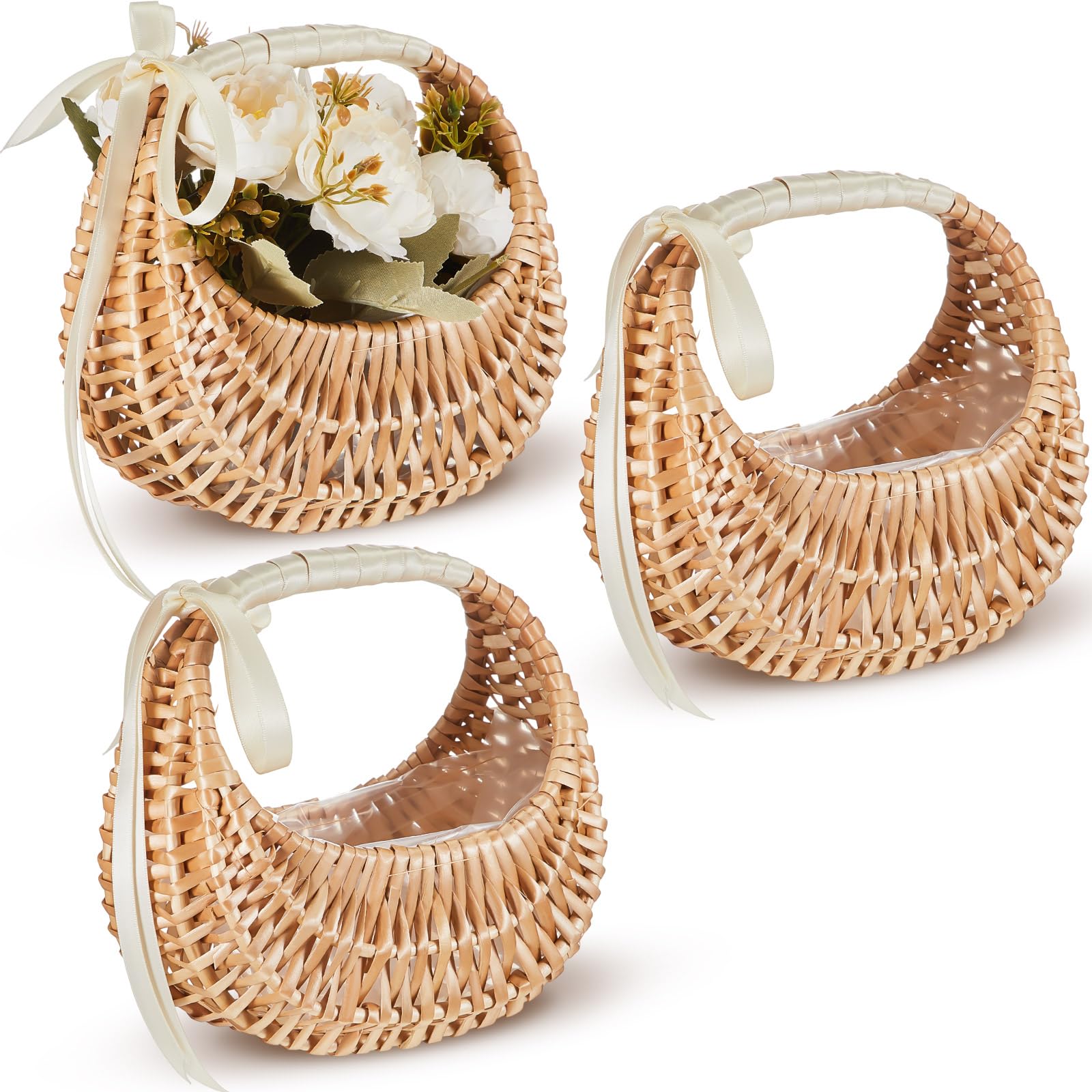 Taiyin Rattan Flower Girl Basket Small Half Moon Straw Wicker Basket with Handle Ideal for Wedding Flower Girl,Picnic,Garden Sto