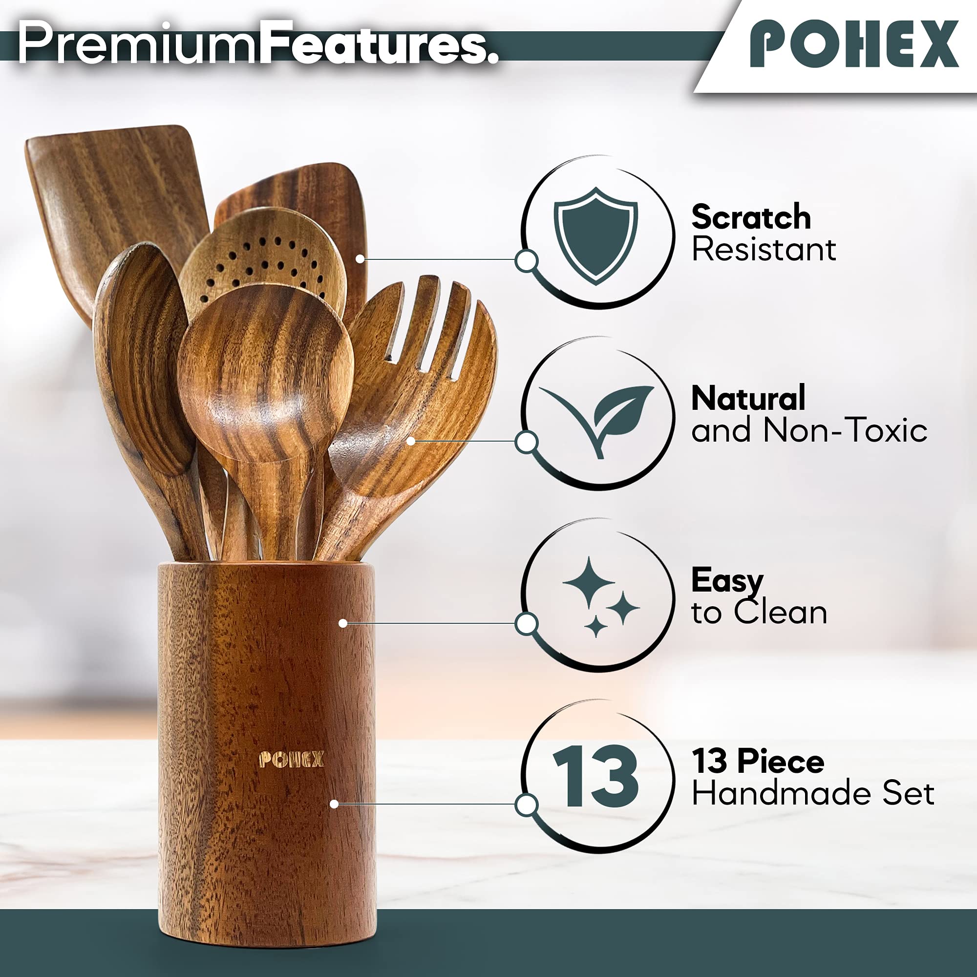 Pohex Teak Wood 12 Piece Kitchen Utensil Set With Wooden Holder/Barrel, 6 Gadgets Wooden Spatula, Spurtle, Slotted Spoon, Salad