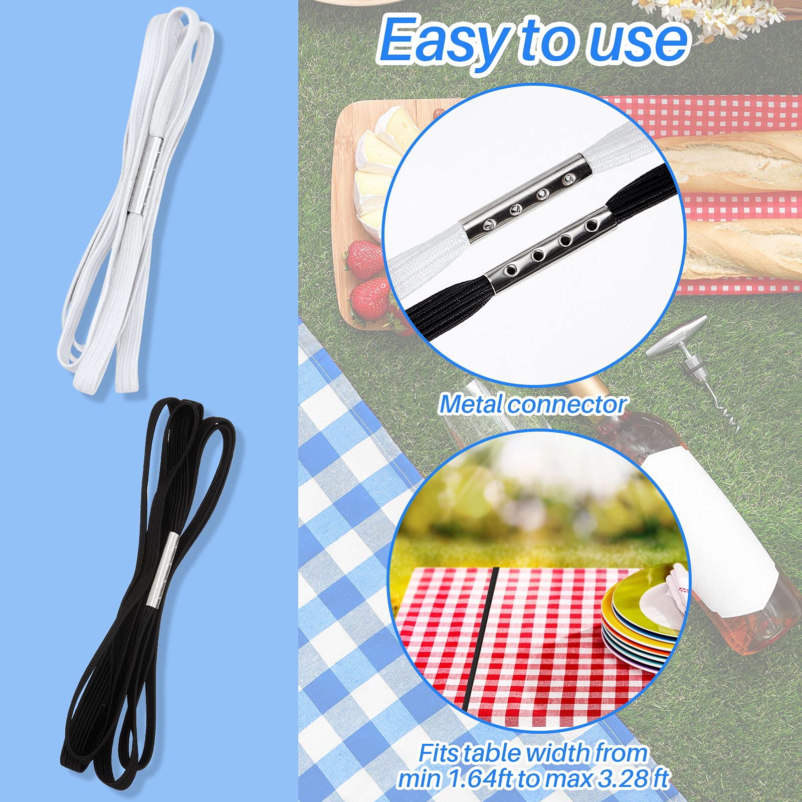Table Bungees Tablecloth Strap Band Tablecloth Bungee Cord to Hold Down Table Cloth for Outdoor Tables Kitchen Tables Picnic Camping Wedding Party(White  Black 16 Pieces)