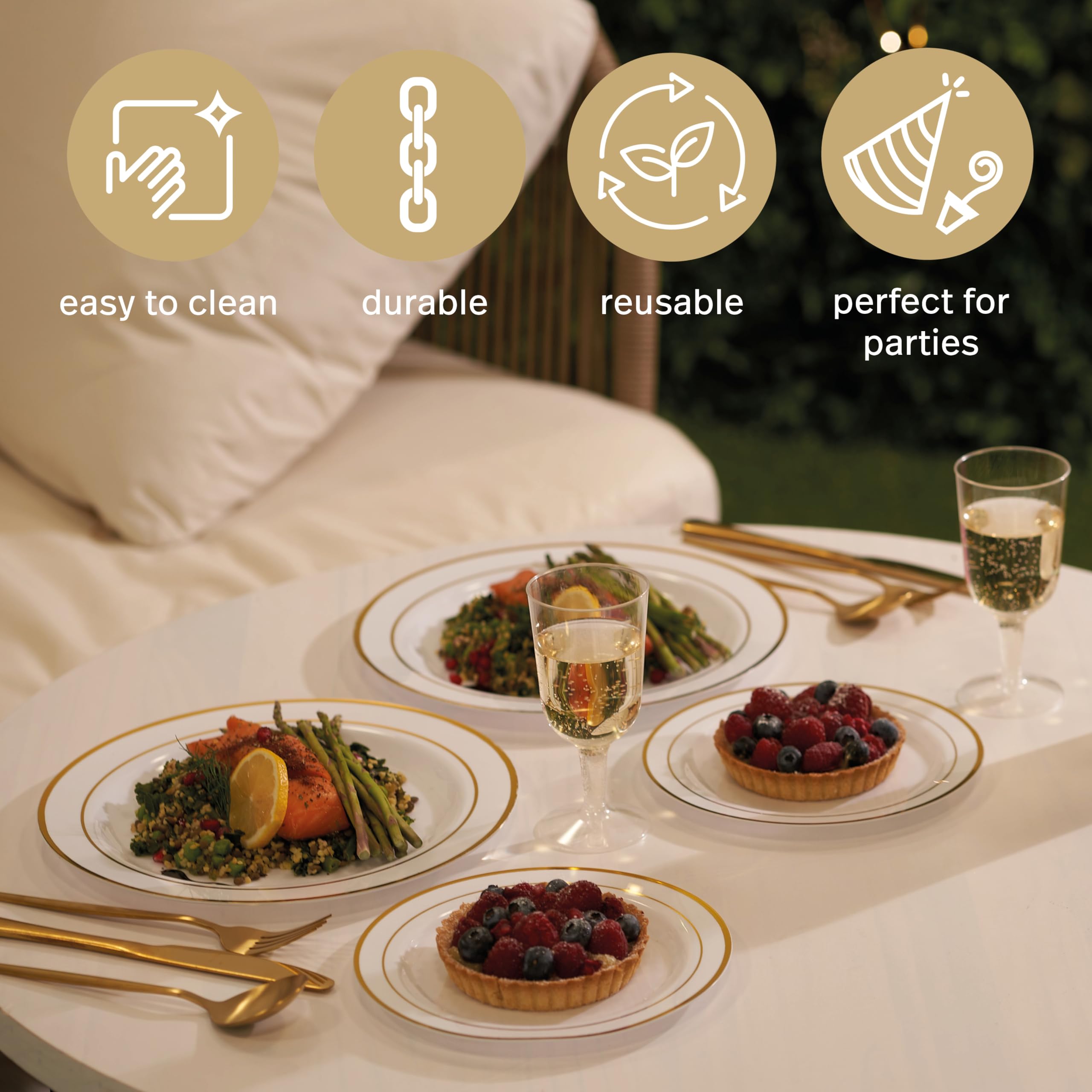 Matana 60 Pc Reusable Gold Plastic Plates With White Gold Rim - 30 Dinner Plates 10.25'' Inch, 30 Salad Dessert Appetizer Plates