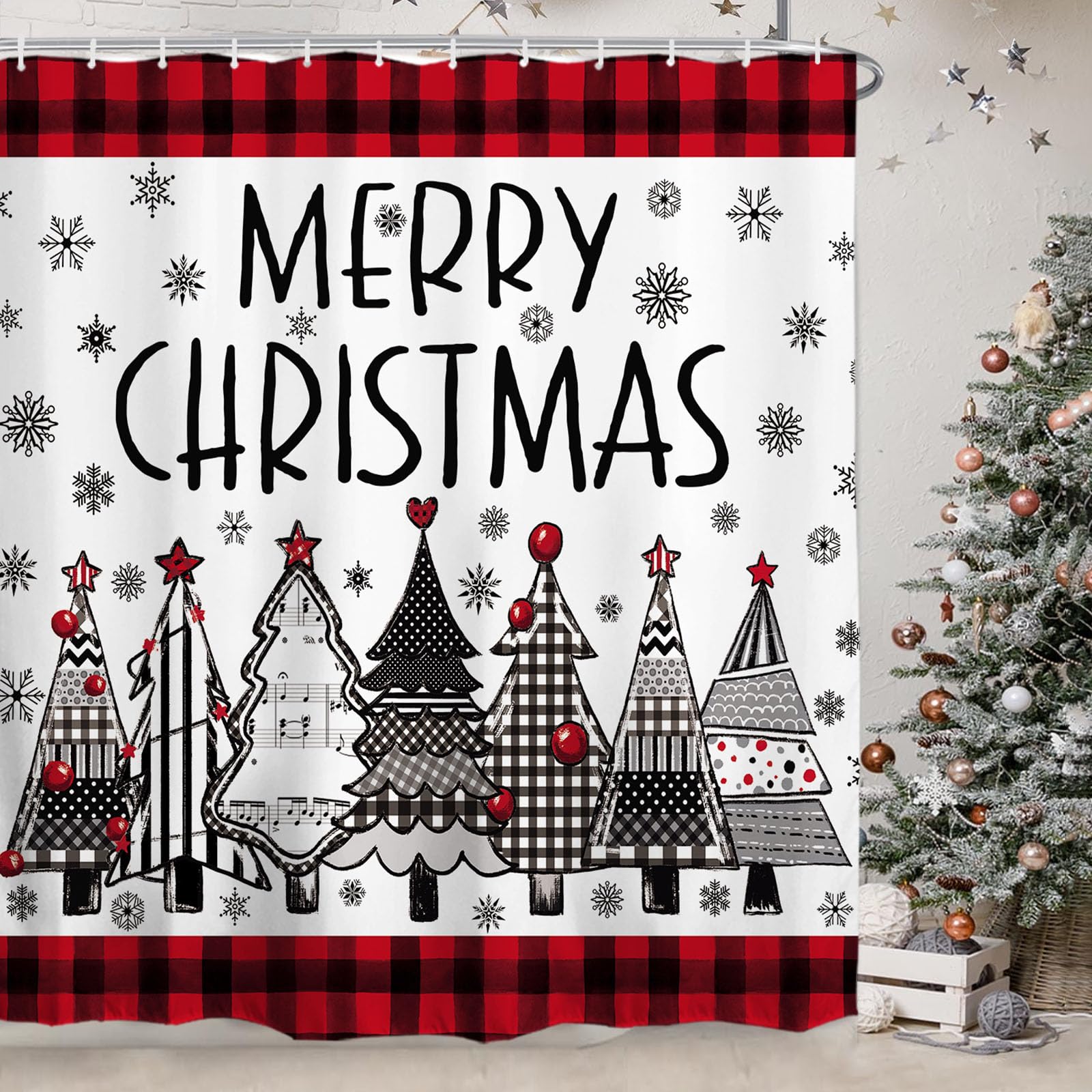 Baccessor Merry Christmas Tree Music Shower Curtain Winter Buffalo Plaid Christmas Trees Snowy Shower Curtain Polyester Fabric B