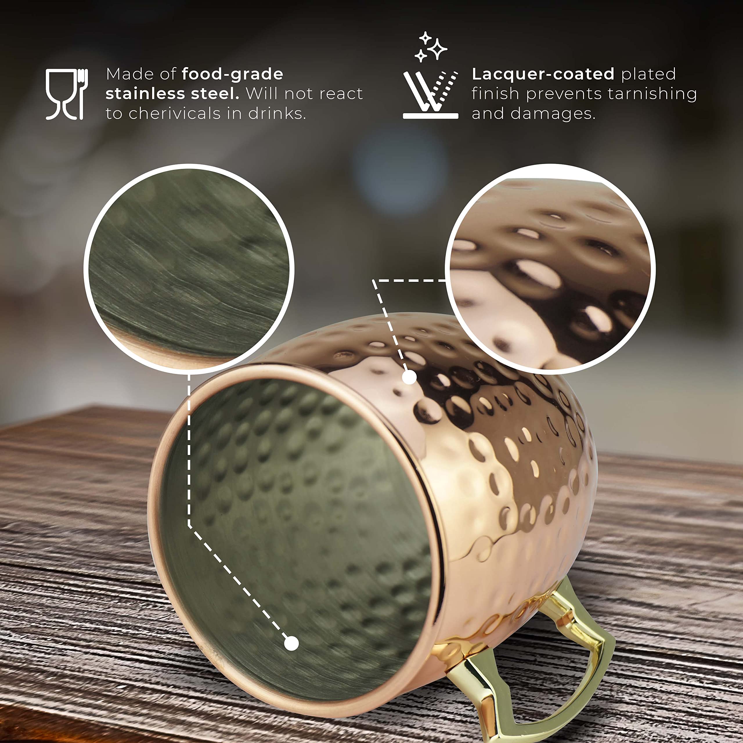 Pg Moscow Mule Mugs | Large Size 19 Ounces | Set Of 4 Hammered Cups | Stainless Steel Lining | Pure Copper Plating | Gold Brass