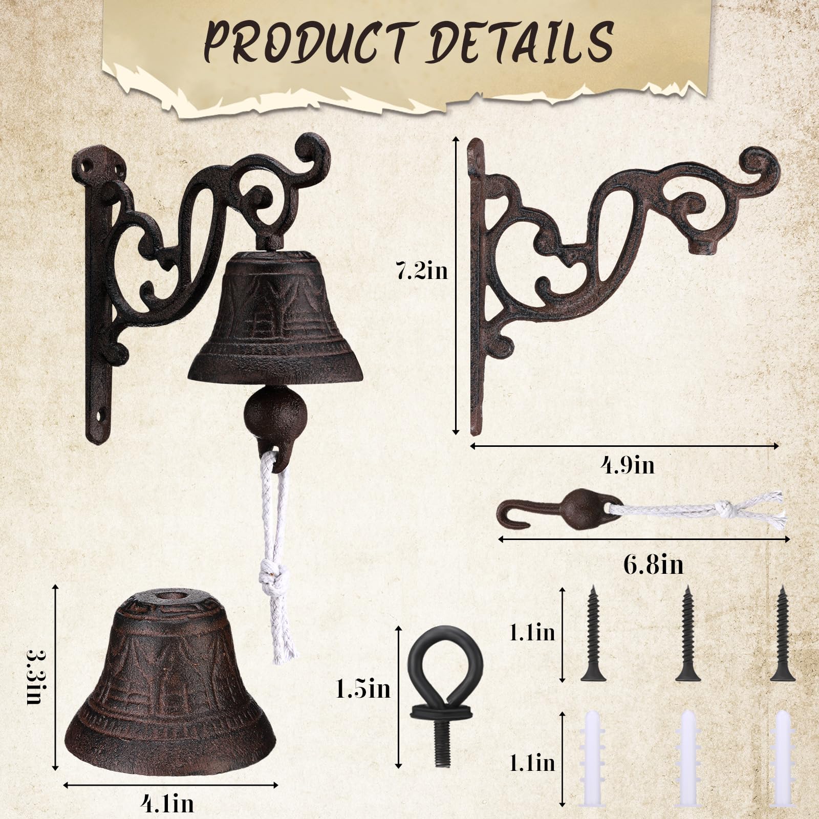 Blulu Outdoor Dinner Hanging Bell Cast Iron Wall Mounted Bell Large Heavy Duty Rustic Vintage Doorbell for Outside Front Door Ga
