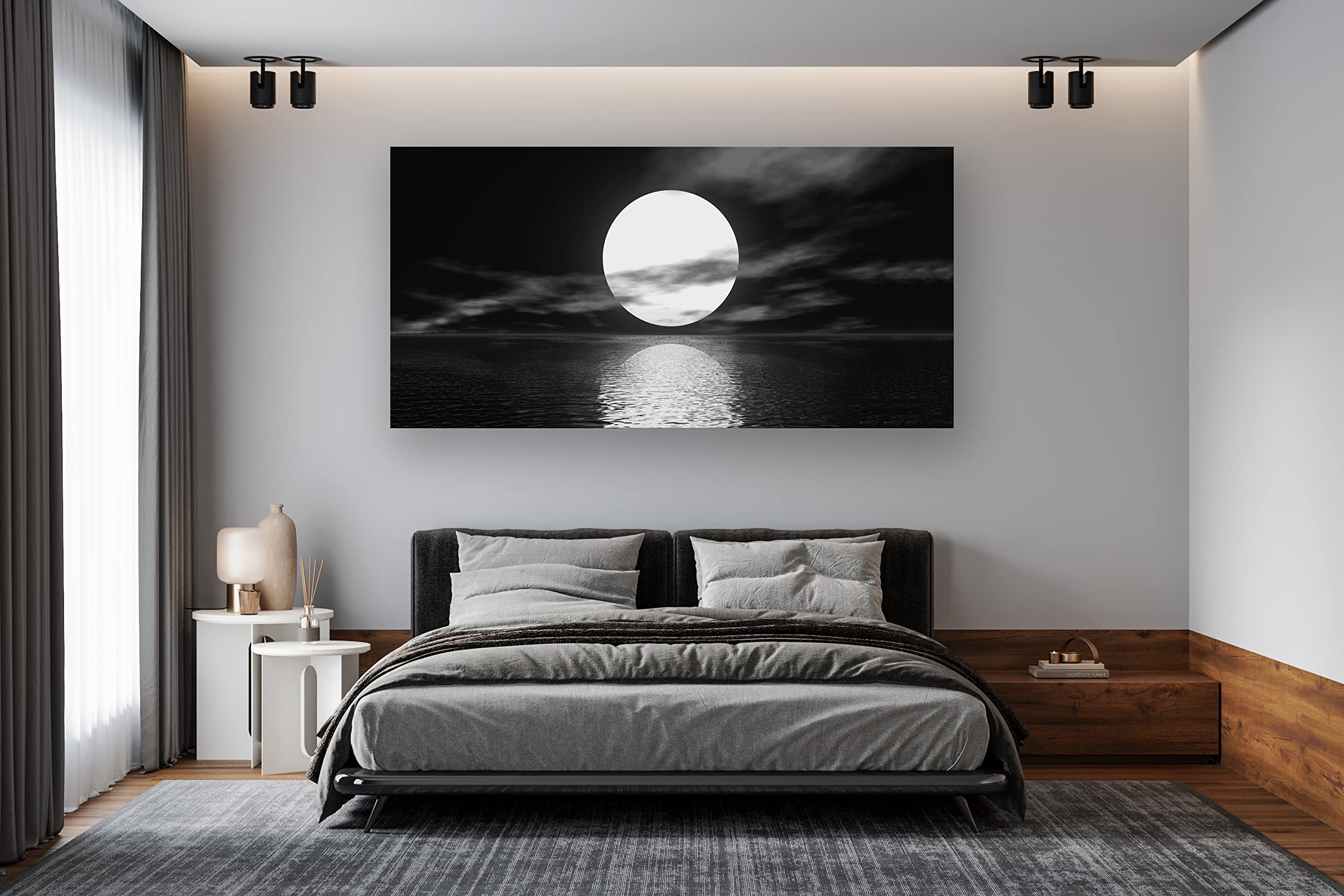 Cao Gen Decor Art S06475 Wall Art Canvas Sea White Full Moon in Night Picture Canvas Poster Print Black and White Ocean for Living Room Bedroom Kitchen Home Decorations Framed Artwork