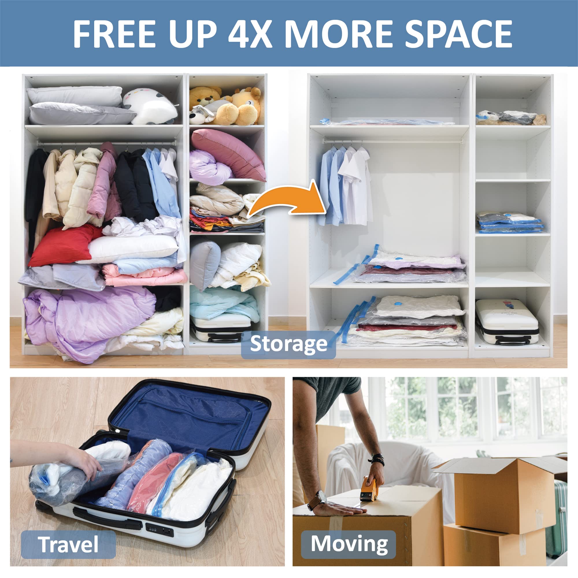 12 Pack Space Saver Bags (2 Jumbo/2 Large/2 Medium/2 Small/4 Roll) Compression Storage Bags for Comforters and Blankets  Vacuum Sealer Bags for Clothes Storage  Hand Pump Included