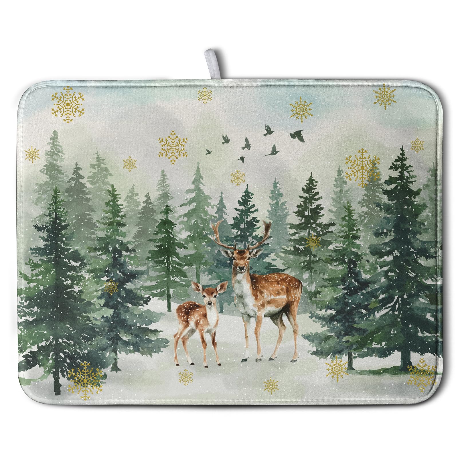 Kwlegh Reindeer Tree Snowflakes Christmas Dish Drying Mats for Kitchen Counter 18x24 Inch Winter Forest Dish Drainer Mats Absorb