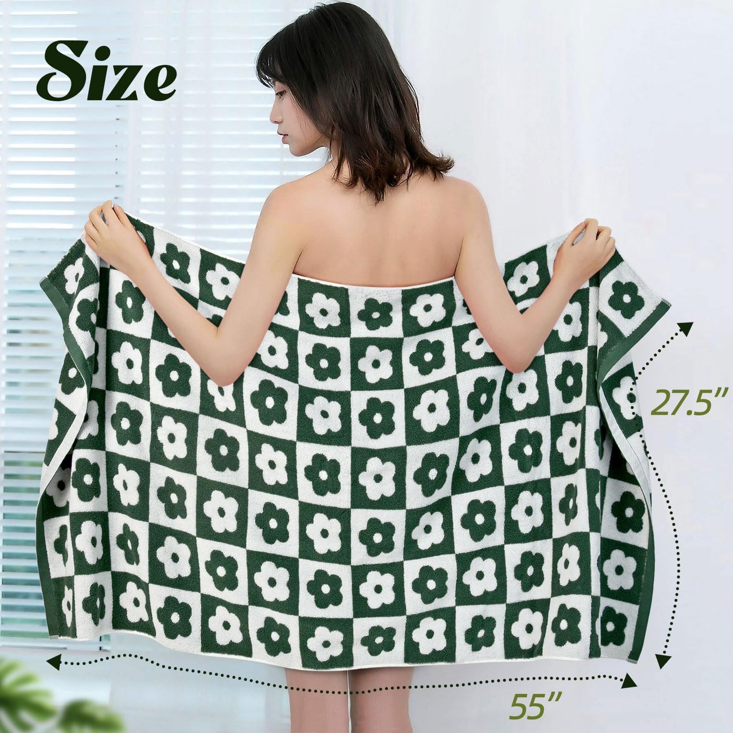Jacquotha Bath Towels Set Of 2 Checkered Floral - Quick Dry Cotton Towels Decorative In Forest Green & White, Bathroom Essential