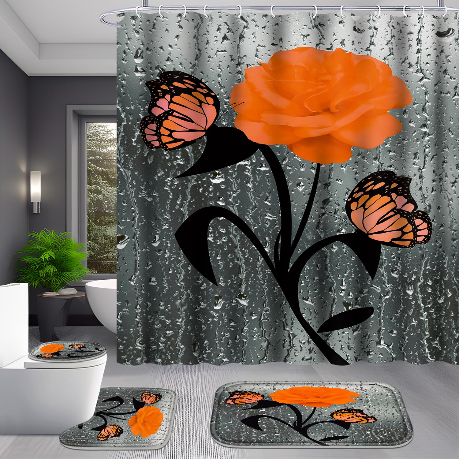 Poedist 4 Pcs Bathroom Set,Orange Rose Shower Curtain Sets, Romantic Shower Curtain Sets With Rugs(Bath Mat,U Shape And Toilet L