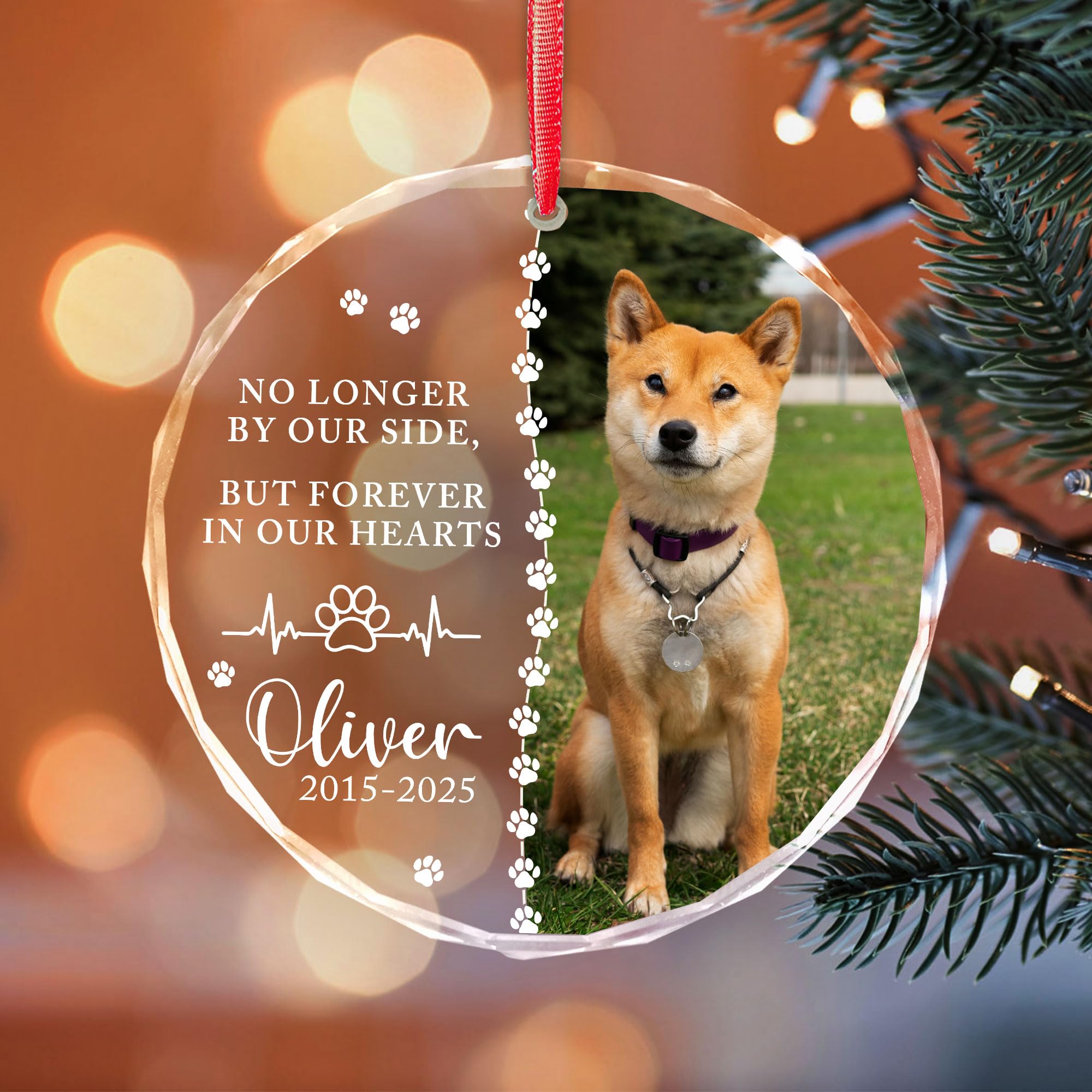 Custom Dog Photo Memorial Christmas Ornaments 2025 - Dog Loss, Pet Sympathy, Remembrance Keepsake - No Longer by Our Side Glass