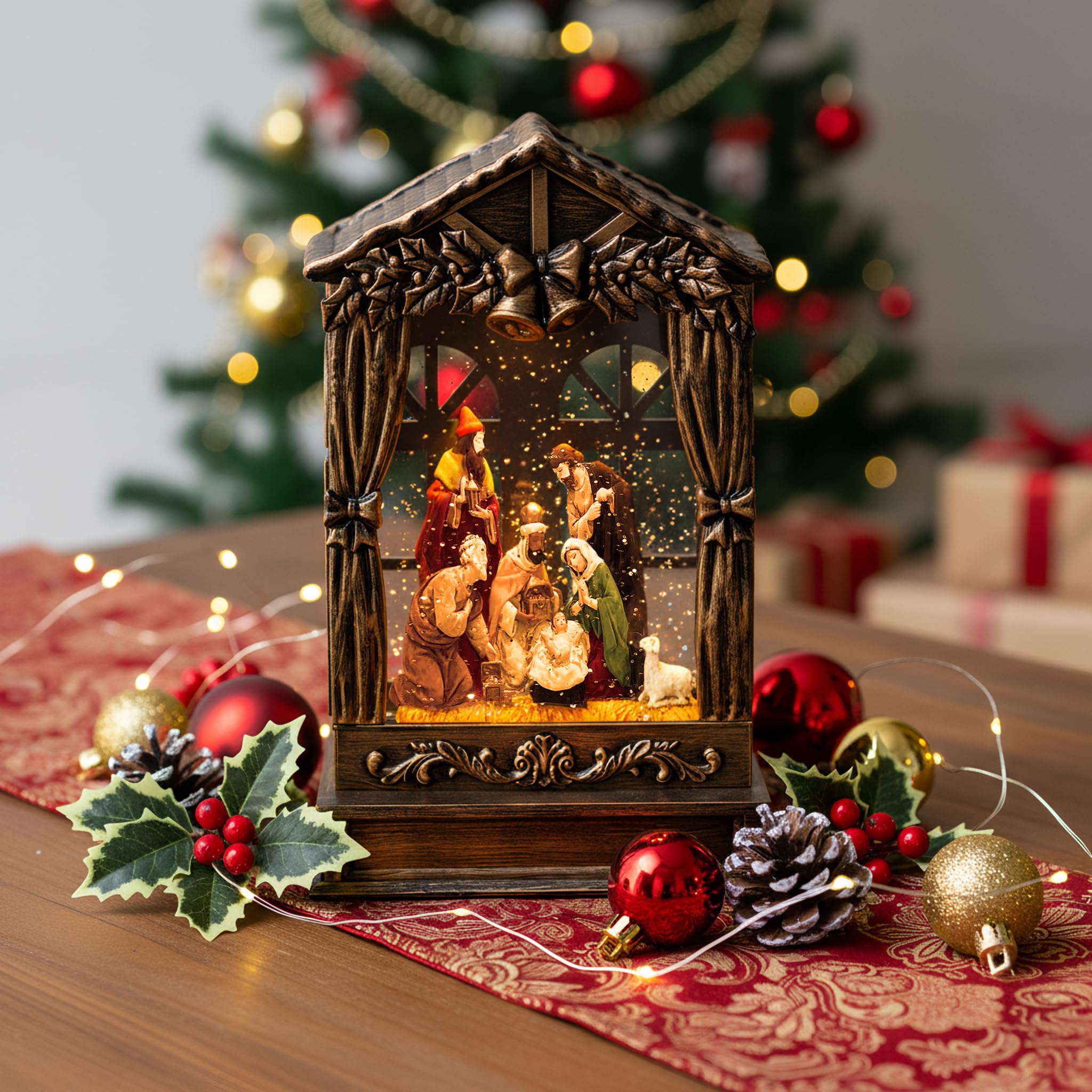 Three Kings Three Saints Window Christmas Snow Globe Swirling Glittering Nativity Figurines Manger Scene, USB Lined/Battery Oper