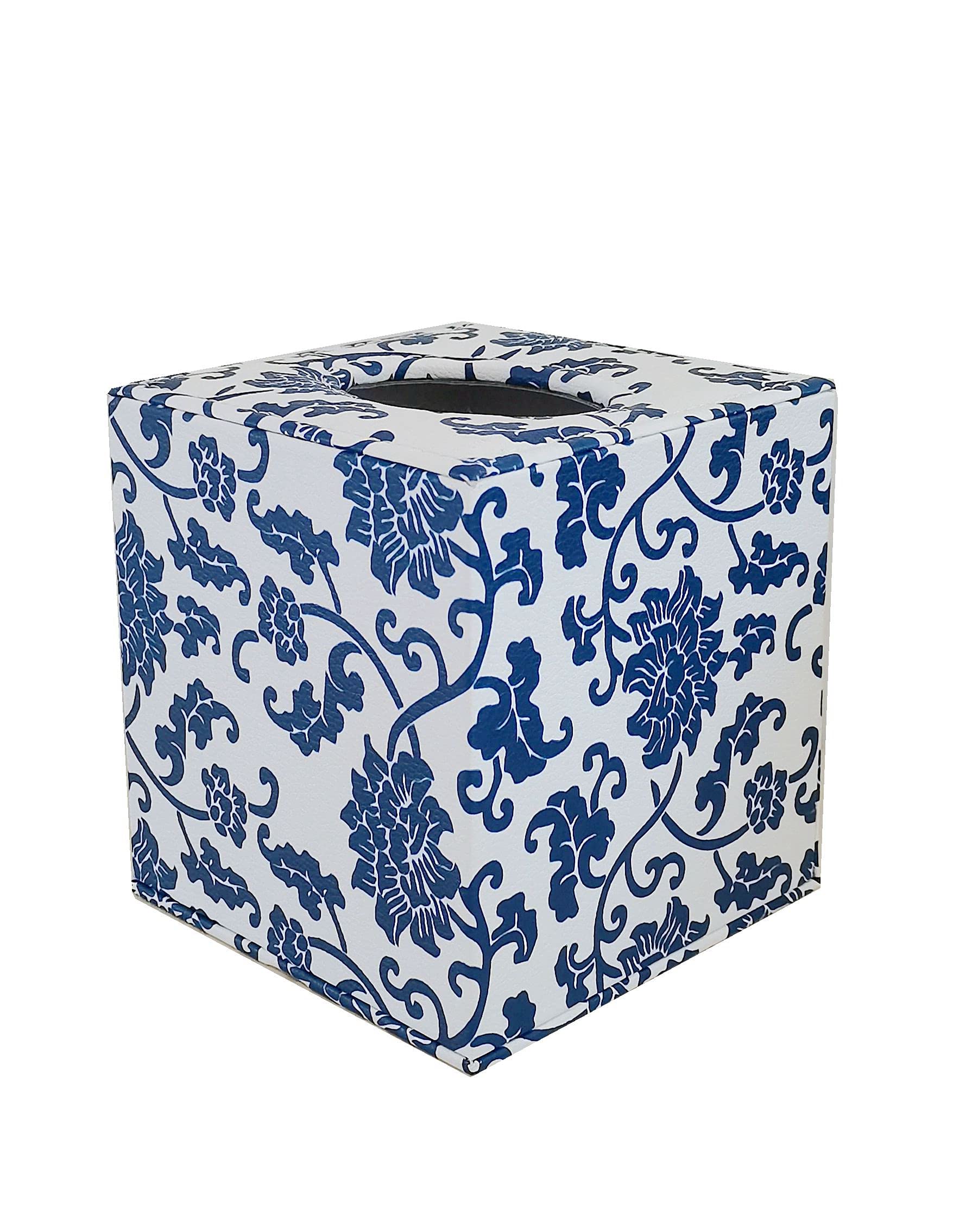 S Forever Faux Leather Tissue Box Cover - Square, Blue and White Porcelain, Model SNF005