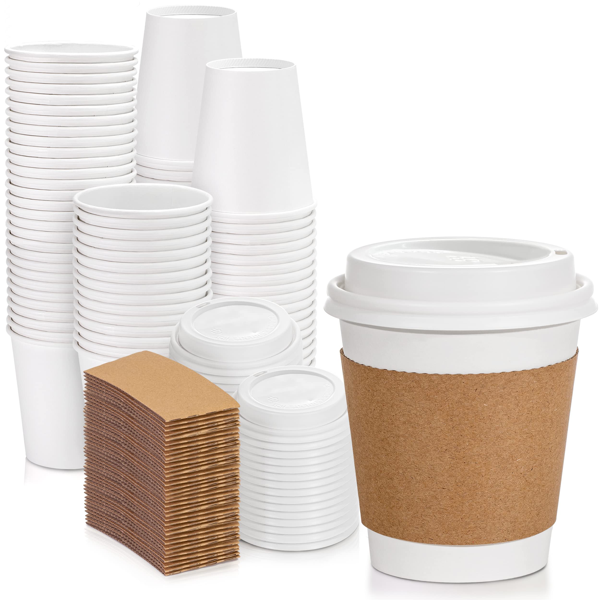 Fit Meal Prep 100 Pack 10 Oz Coffee Cups With Lids And Kraft Sleeves, Premium Disposable Paper Coffee Cups, Durable Thickened To