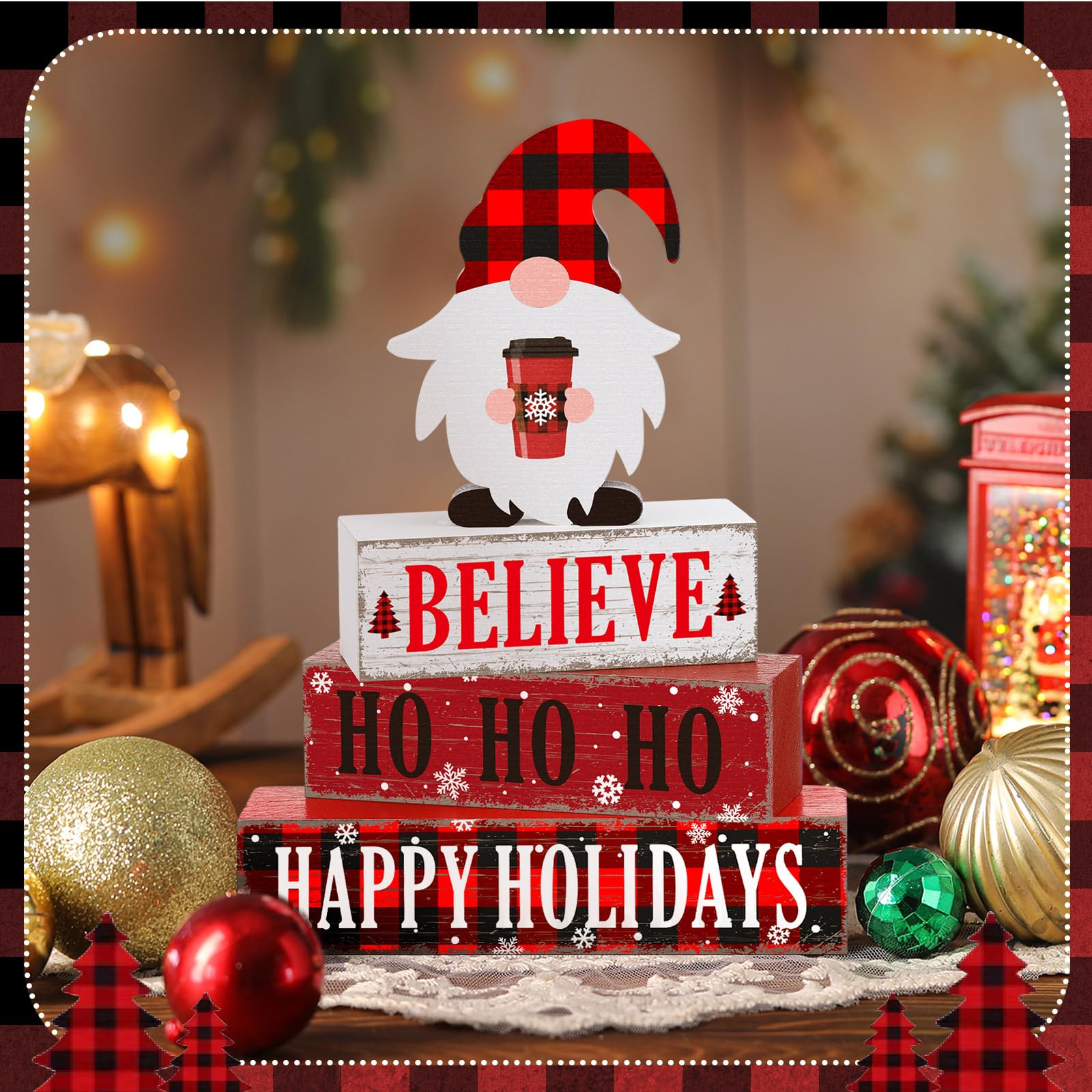 Geelin 4 Pcs Christmas Wooden Table Decorations Xmas Red and White Buffalo Plaid Signs Rustic Happy Holiday Tiered Tray Decor Xm