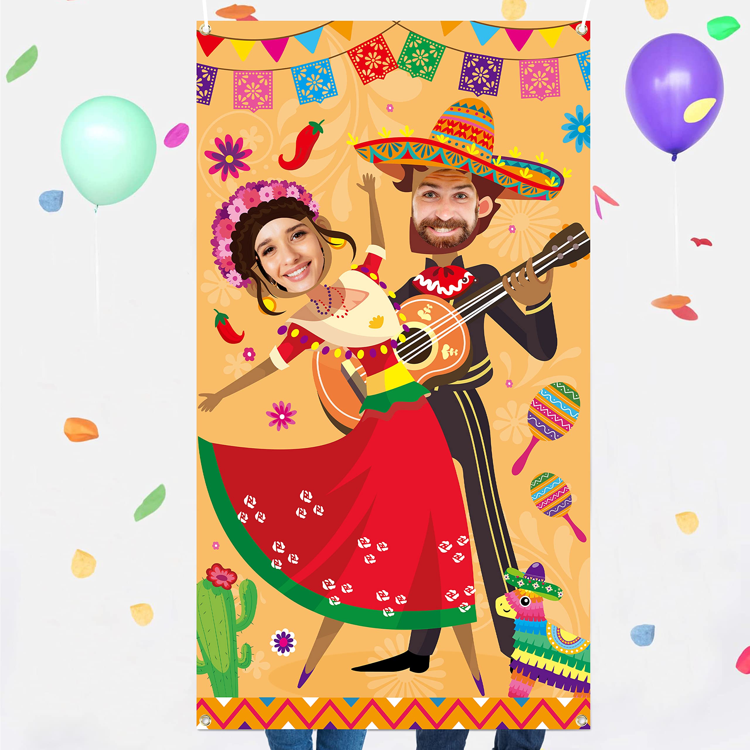 Xqumoi Fiesta Photo Door Banner Party Decorations, Funny Large Fabric Mexican Cinco De Mayo Photo Prop Face Birthday Party Game 