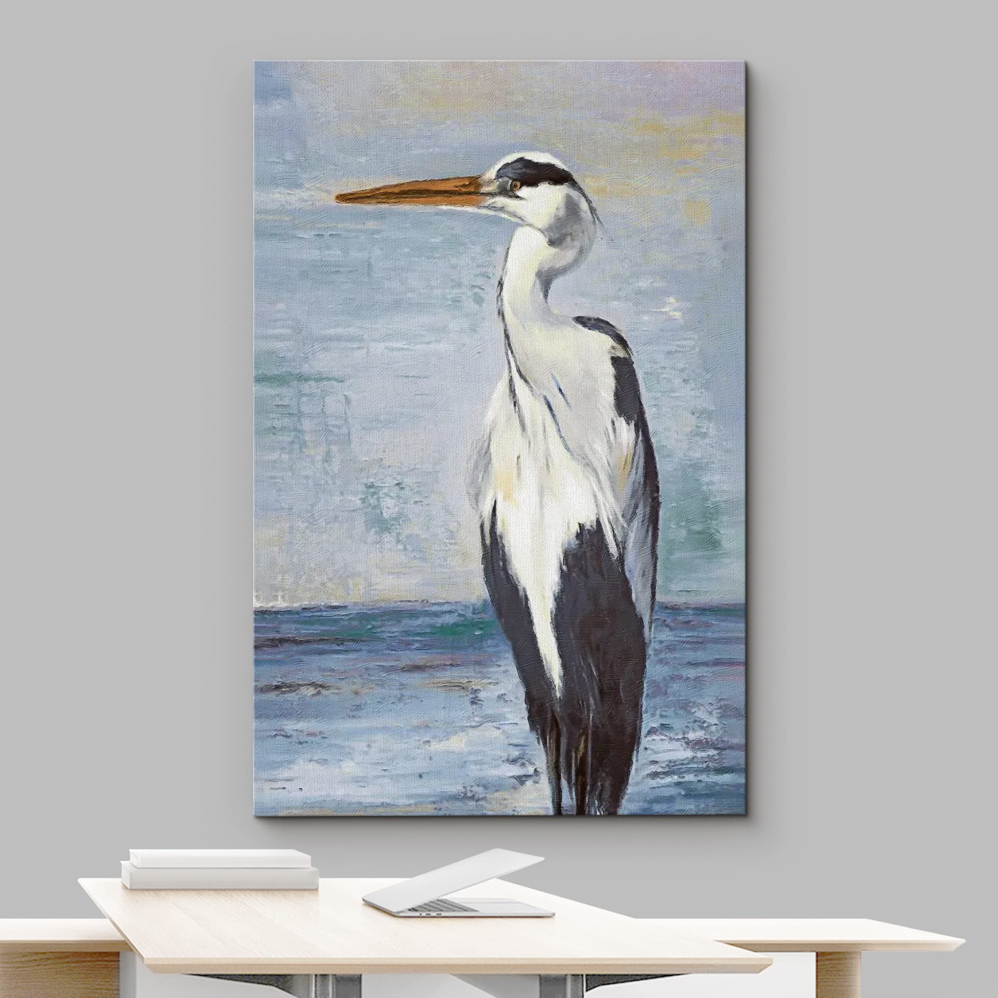Wall26 Canvas Print Wall Art Blue Beach Wave Ocean Sea Crane Bird Nature Wilderness Illustrations Modern Art Decorative Multicol