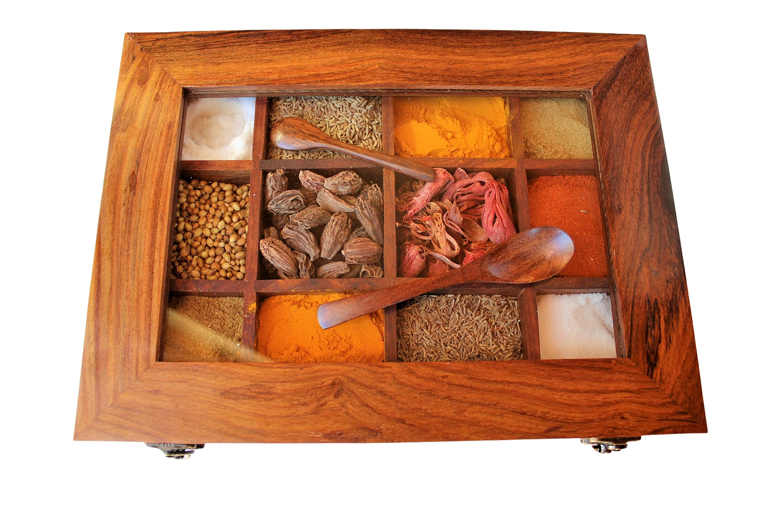 AnayraS Handcrafted Sheesham/Rosewood Spice Box/Masala Dani With Glass Top & Wooden Spoon