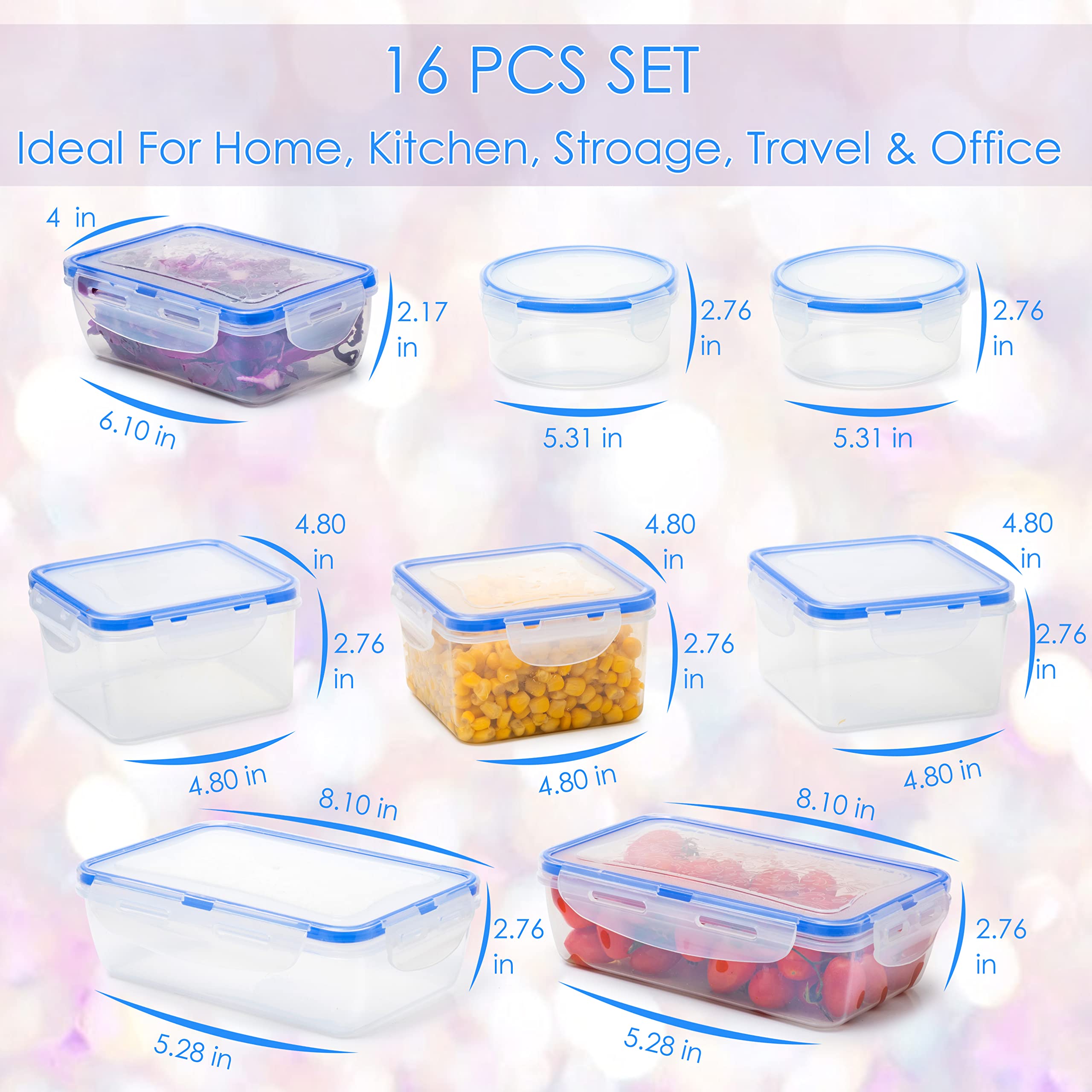 Moss & Stone Air Tight 16 Piece Plastic Food Storage Containers With Lids, Safe Lunch Box Set For Dishwasher And Microwave, Leak