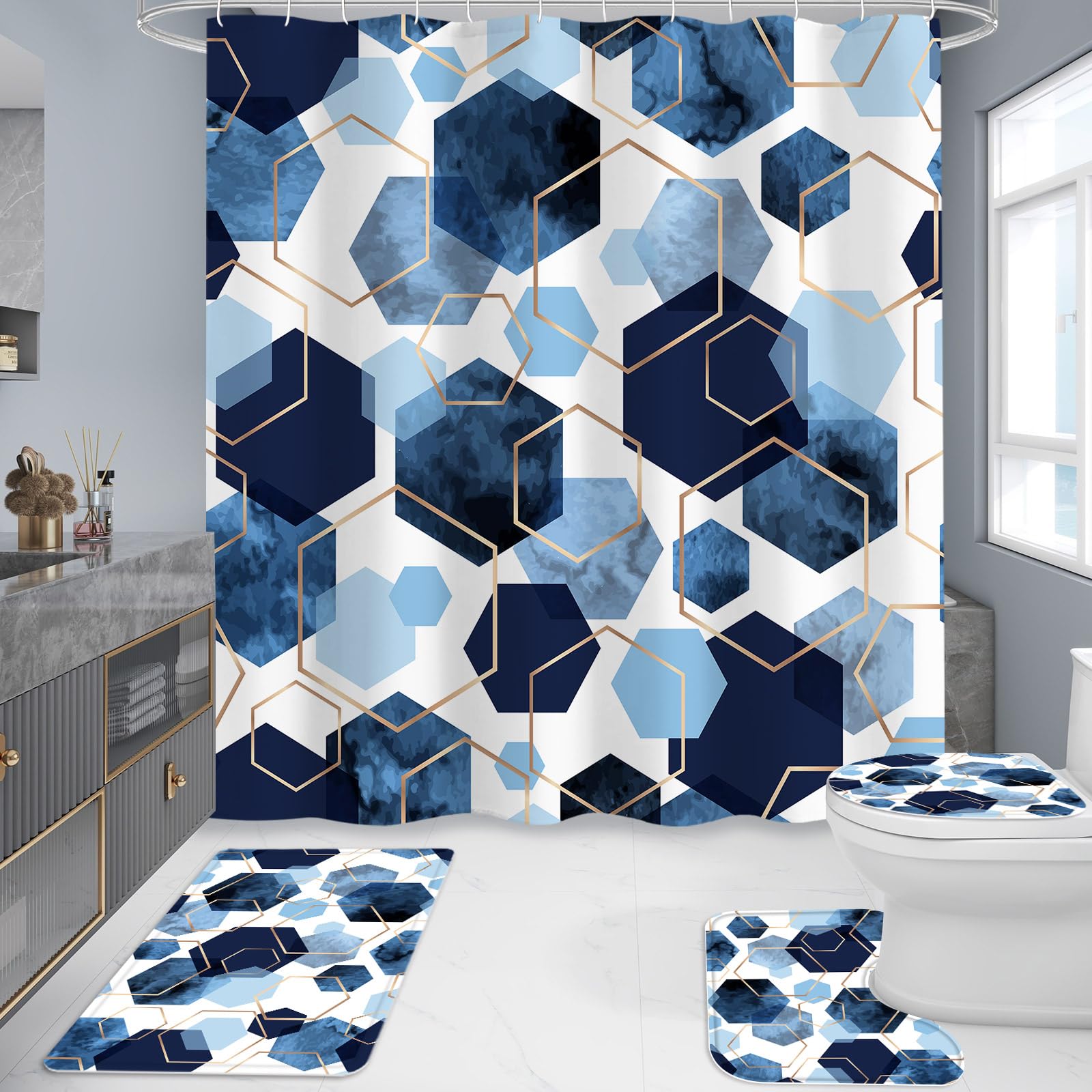Litabel 4 Pcs Navy Blue Modern Geometric Shower Curtain Set With Non-Slip Rugs, Toilet Lid Cover And Bath Mat, Abstract Bathroom
