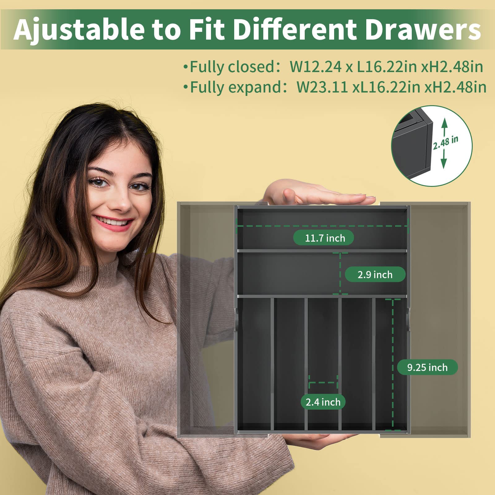 NIUBEE Expandable Kitchen Drawer Organizer for Flatware and Utensils Black Acrylic Adjustable Silverware Tray for Drawer Office Bathroom Supplies-9 Compartments