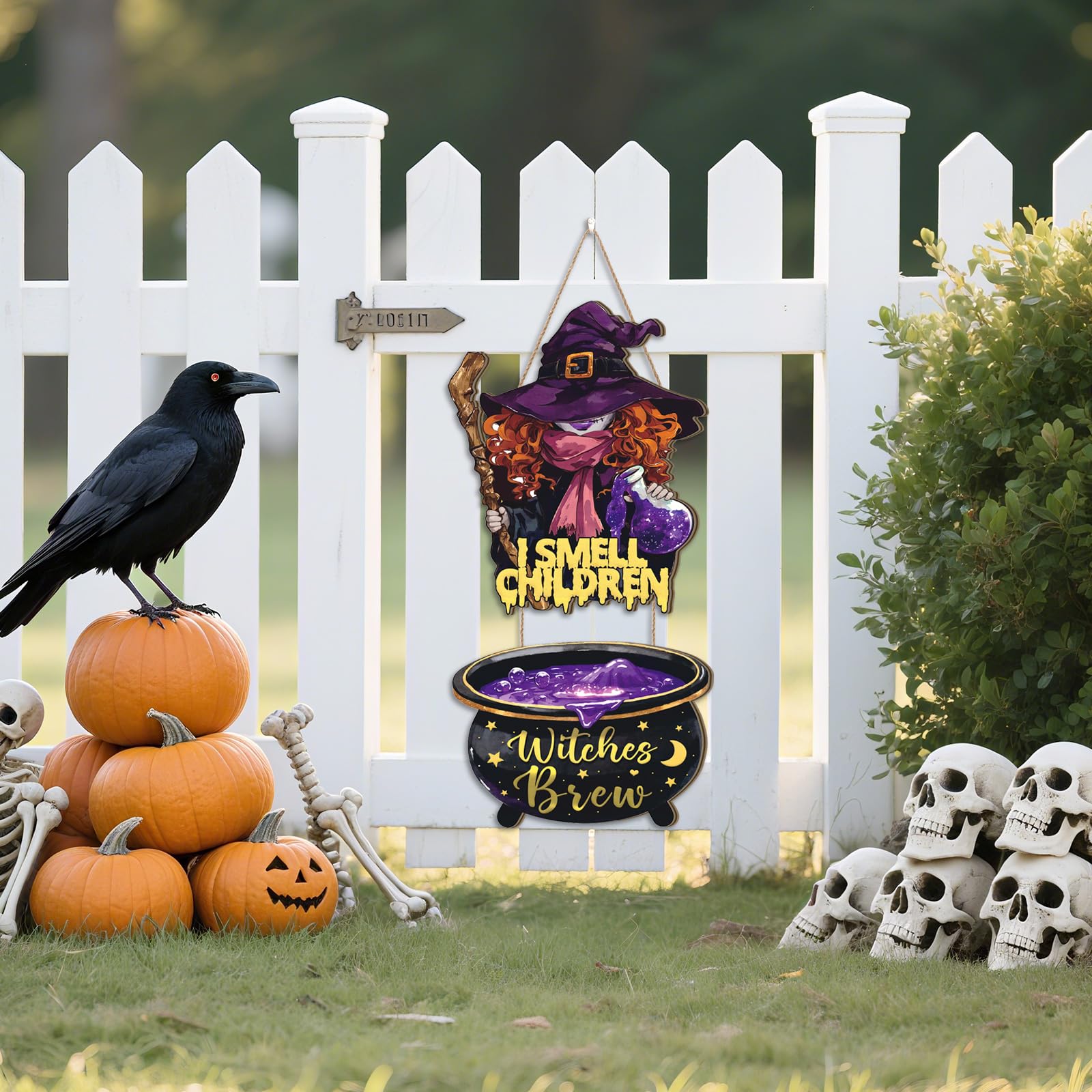 Aurlan Halloween Door Sign Witch,I Smell Children Sign,Halloween Door Hanger Hocus Pocus,Witches Brew Decor,Magic Witch Hat Wall