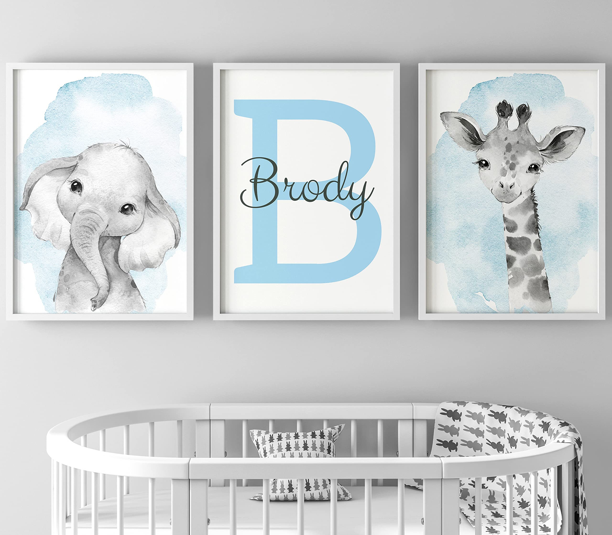 Personalized Safari Animals For Baby Boy Girl Nursery Bedroom, Unframed Set Of 3 Poster Prints, Personalized Name Gray Blue Gree
