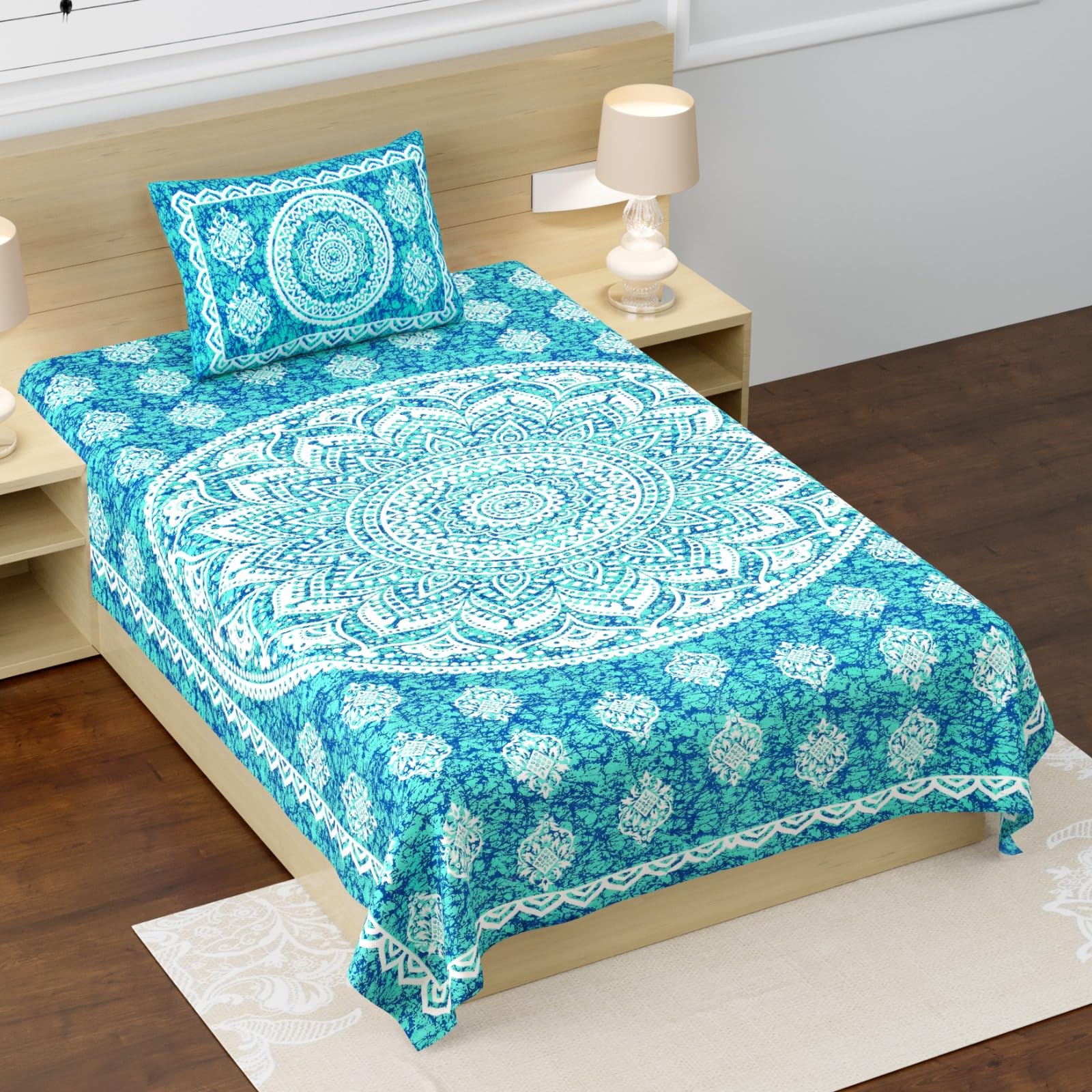Rajasthanikart Pure 100% Cotton Single Bed Sheet With 1 Pillow Cover (Bedsheet For Single Bed Cotton, Green Star)