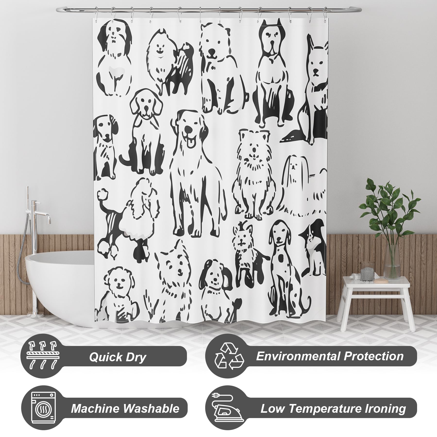 Amazerbath Shower Curtain, Washable Cloth Cute Dogs Kids White And Black Shower Curtain Set With 12 Shower Curtain Hooks, Kawaii