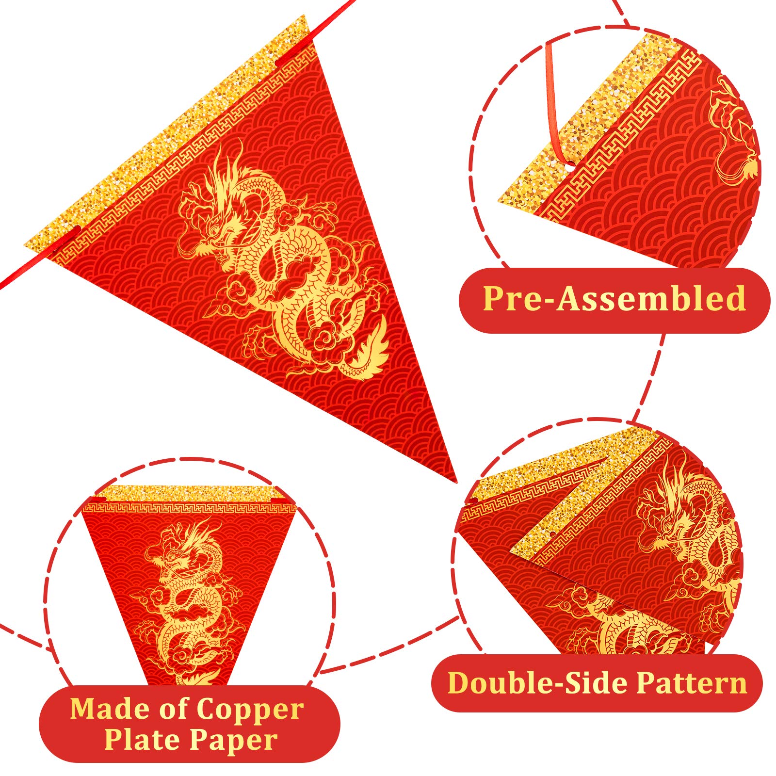 Whaline 20Pcs Chinese New Year Dragon Pennant Banner 2024 Spring Festive Triangle Bunting Flag Pre-Assembled Garland For Chinese