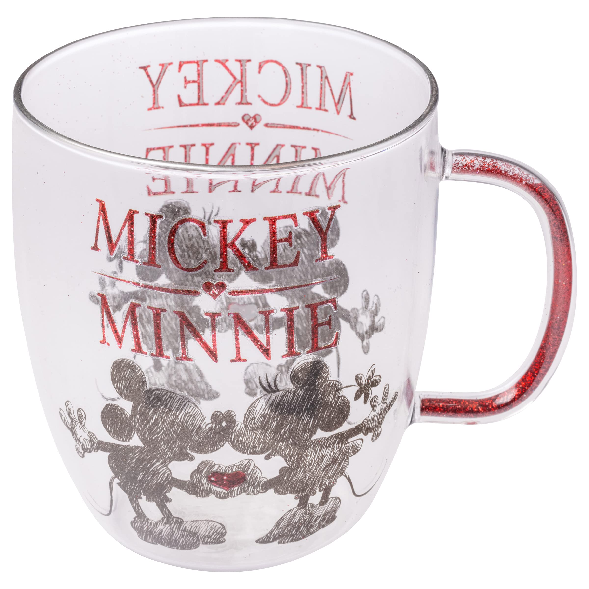 Disney Minnie And Mickey Mouse Glass Mug With Glitter Handle  Holds 14 Ounces
