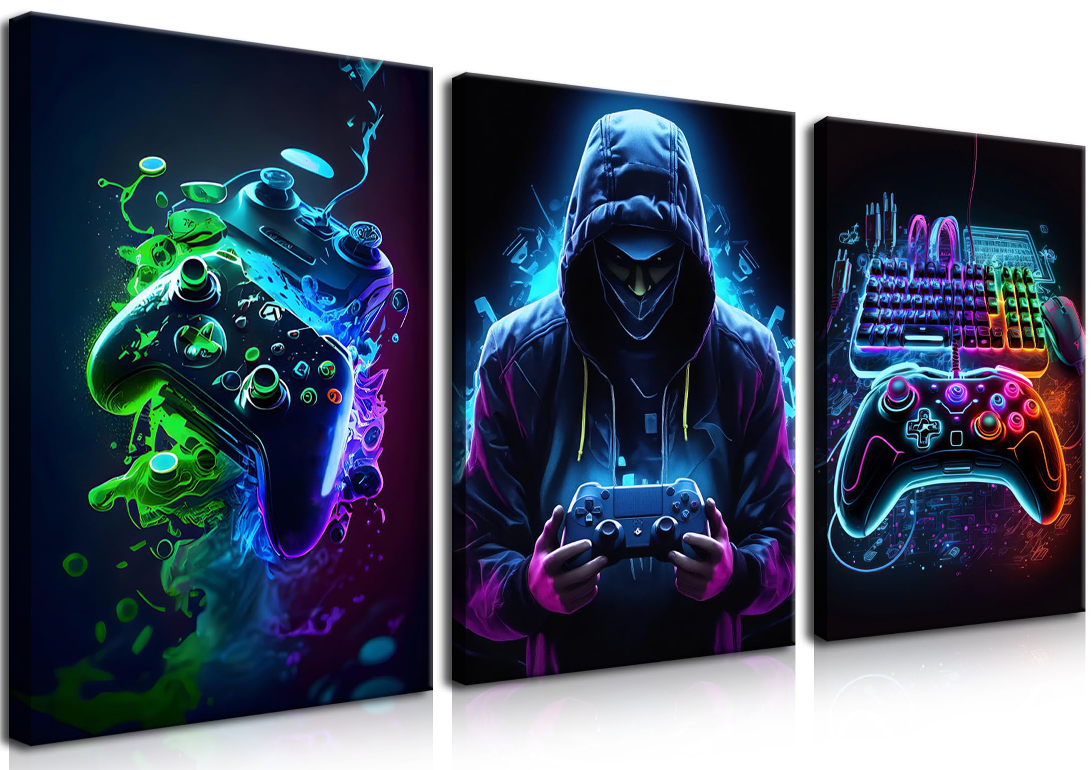 Bgfce Cool Gaming Canvas Wall Art Set Of 3, Retro Video Game Watercolor Poster Pictures, Neon Gamepad Gamepad Painting Prints Ga