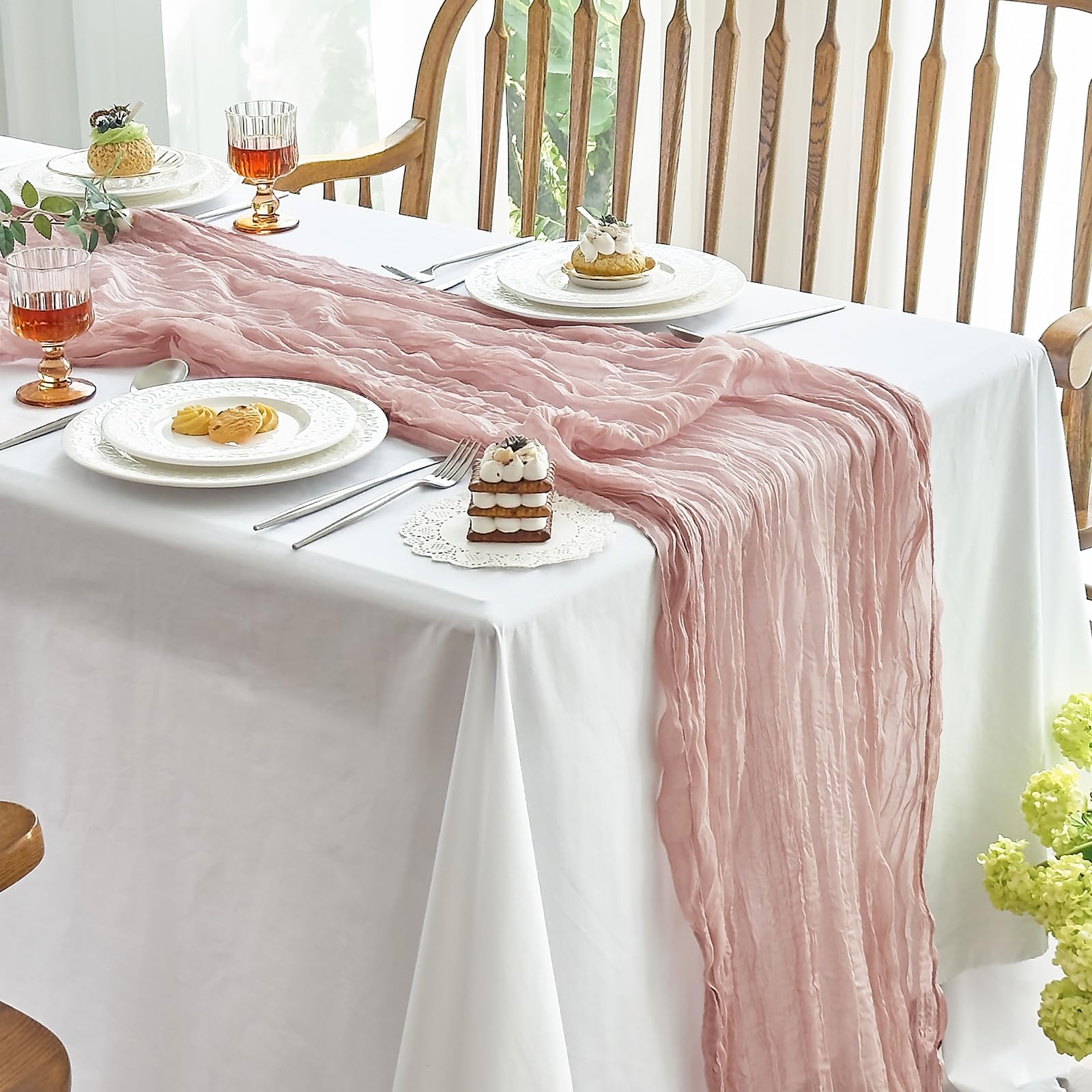 IVAPUPU 2 Pcs Cheesecloth Table Runner - 10ft Dusty Pink Boho Gauze Cheese Cloth Table Runners for Baby Shower Decoration Weddin