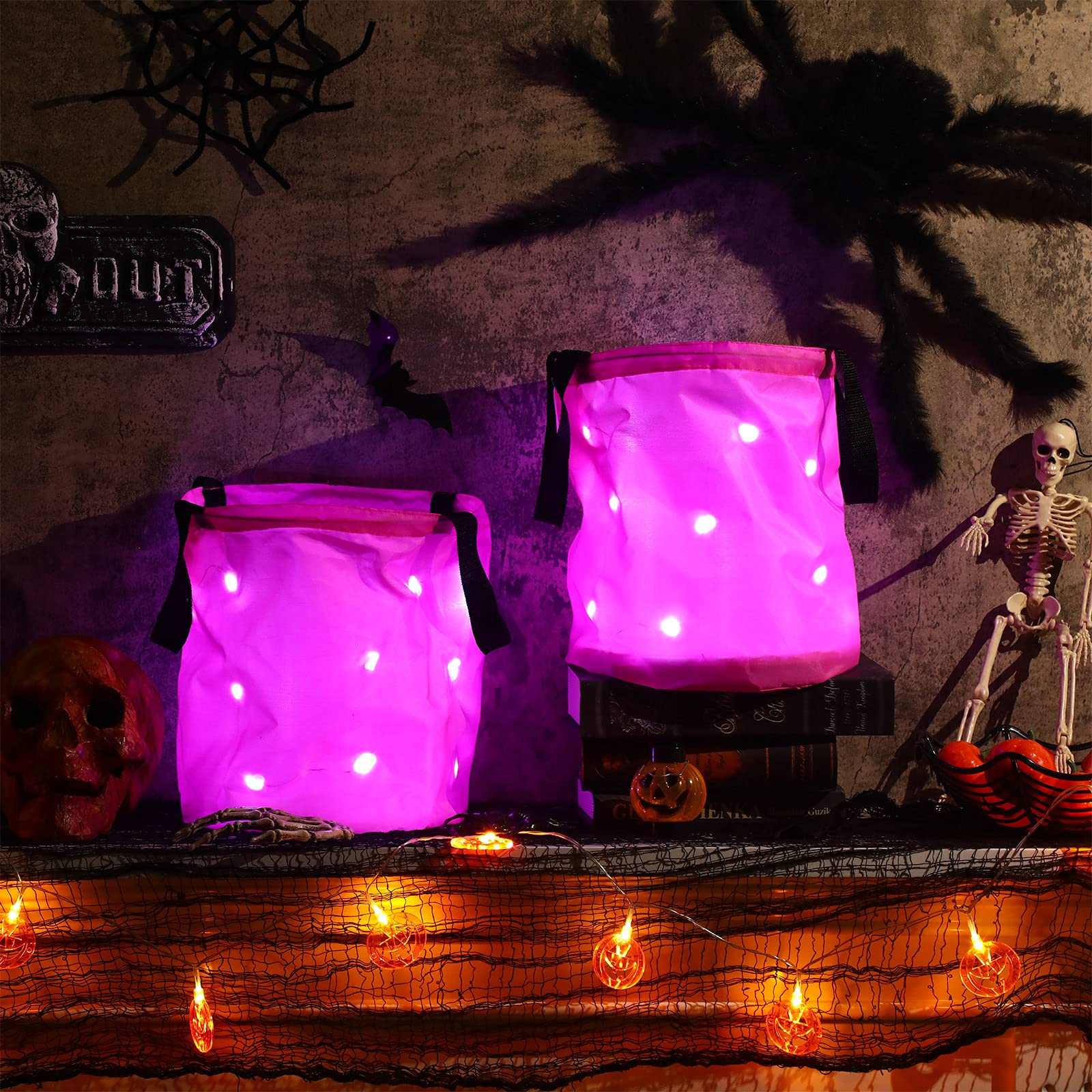 2 Pieces Led Light Halloween Candy Bags Light Up Halloween Bucket Trick Or Treat Bags Light Up Candy Bags Multipurpose Reusable