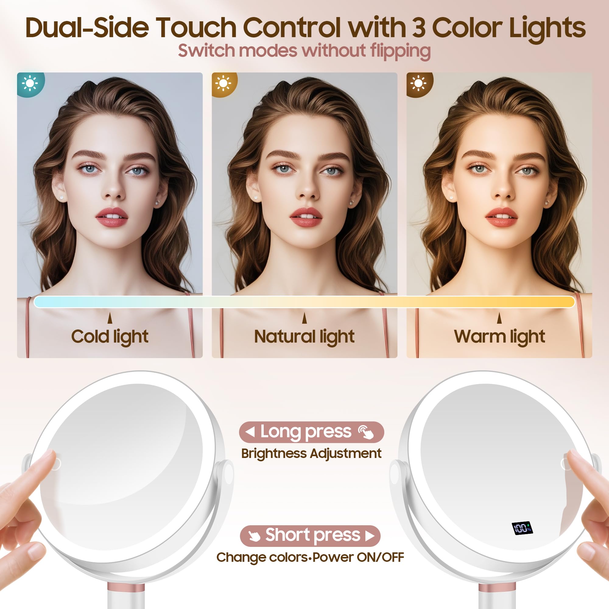 GOMIPURU Makeup Magnifying Mirror with Light 30X/1X, Digital Display, 2-Sided Touch Control, Makeup Mirror with 3 Color Lights,3