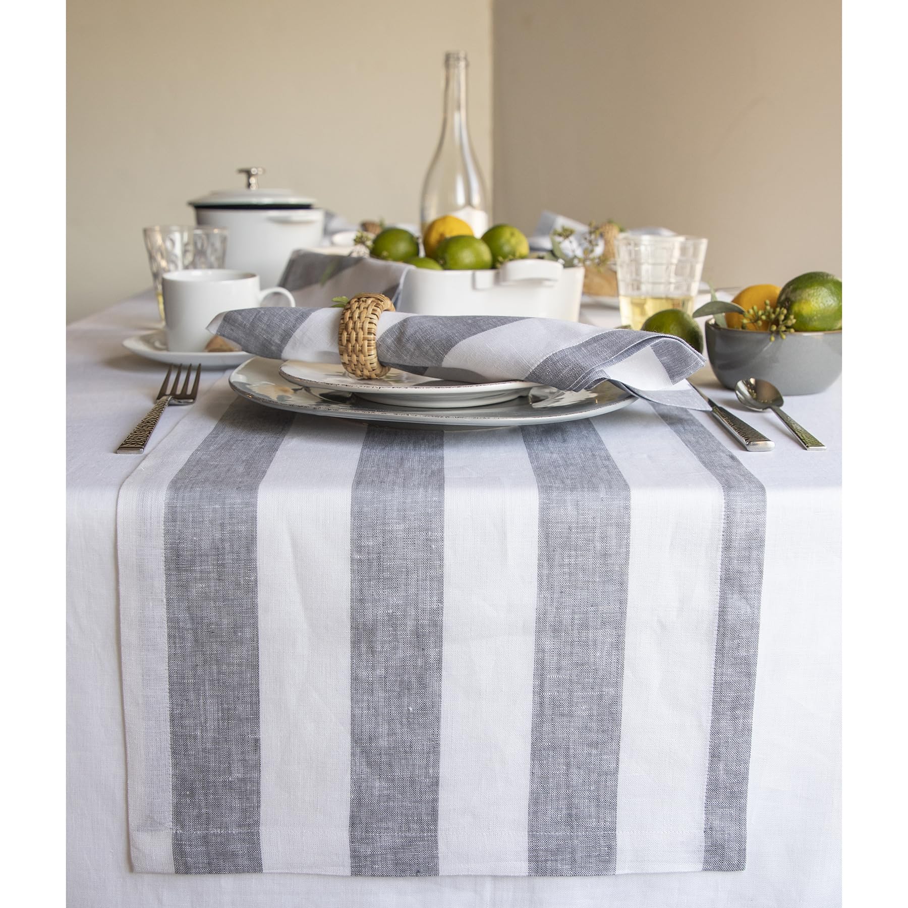 Solino Home Linen Stripe Table Runner 120 Inches Long - 100% Pure Linen Grey And White Table Runner 14 X 120 Inch - Cabana Strip