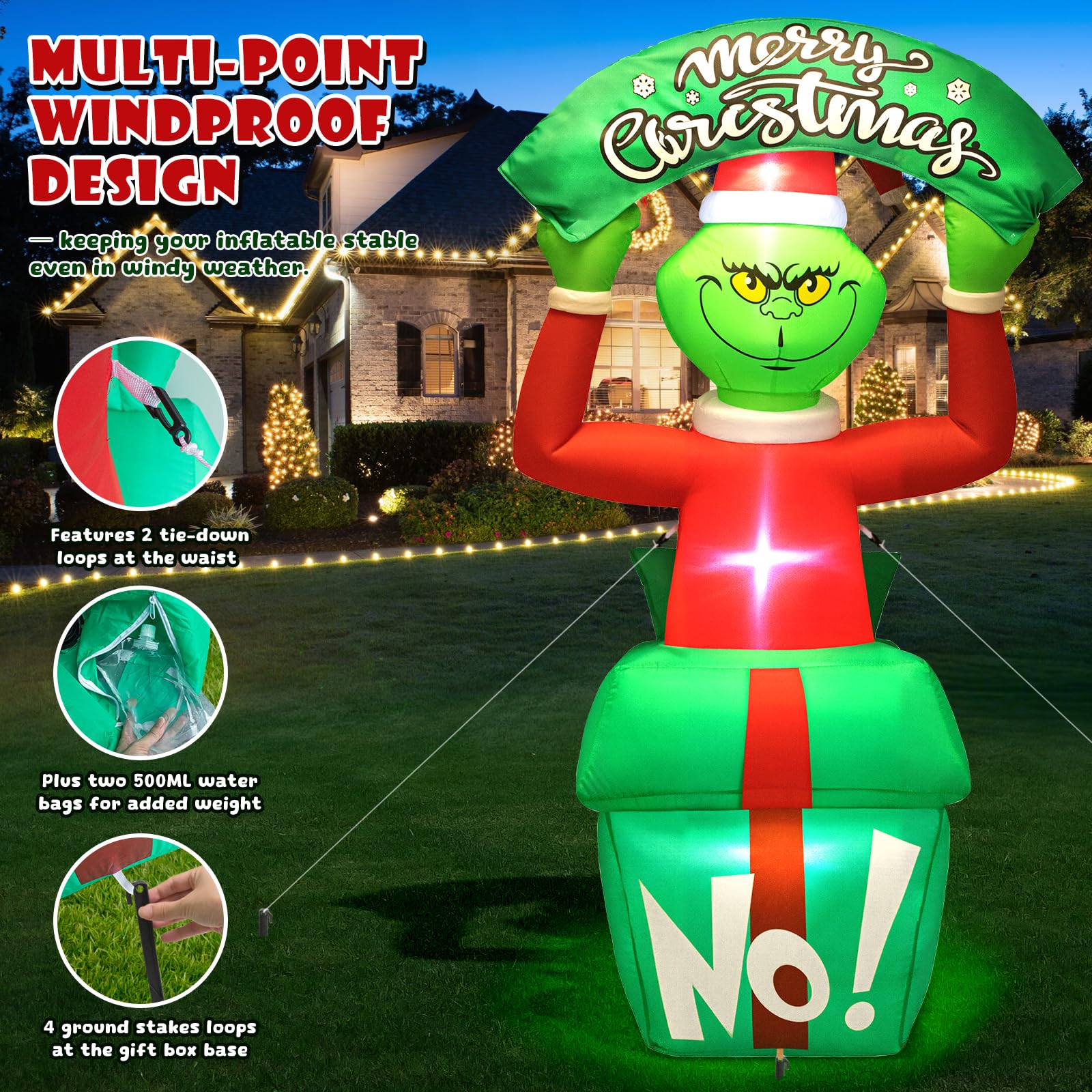 6FT Christmas Inflatable Outdoor Decoration, Funny Green Monster in Gift Box Holding Merry Christmas Sign, Built-in 3 LED Lights