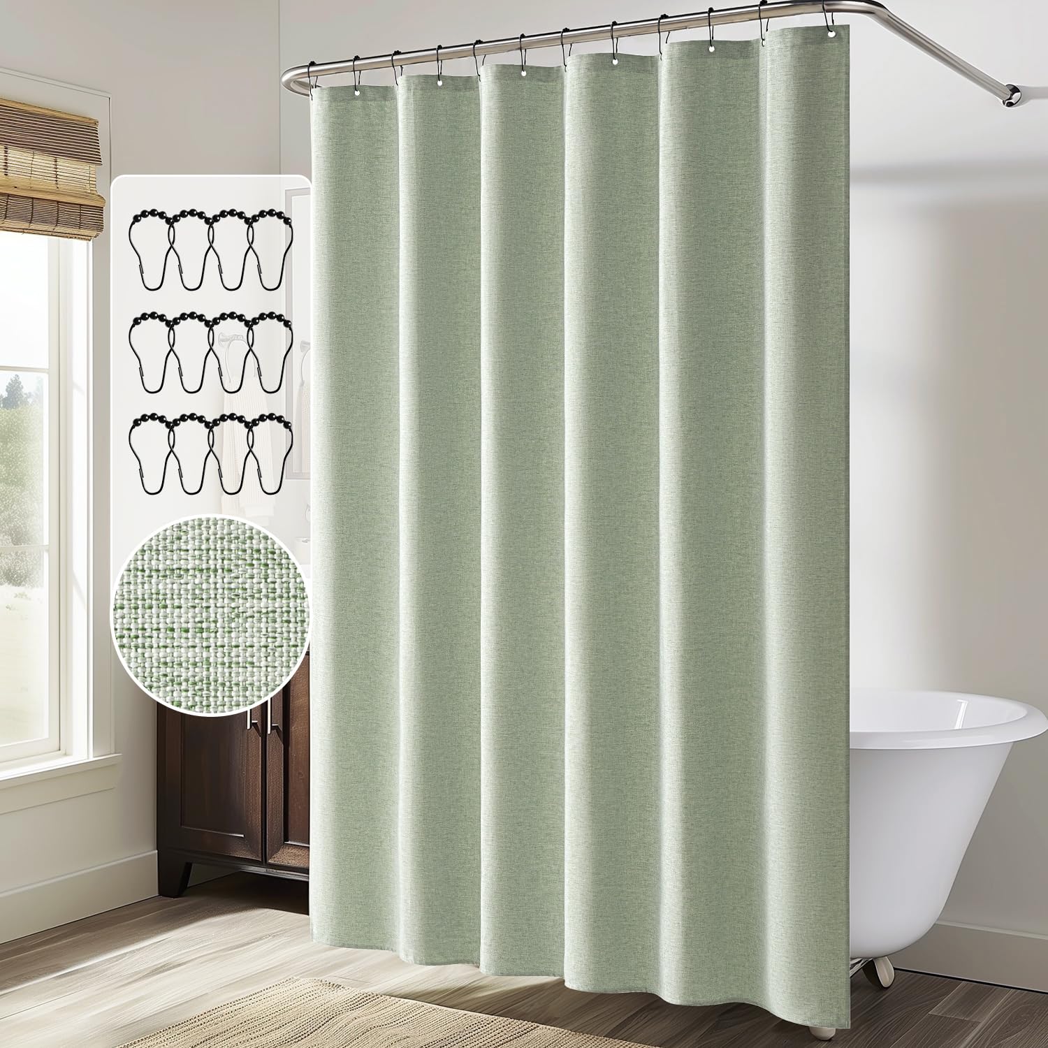 Miulee Stall Linen Spring Shower Curtain With 12 Metal Hooks Small Heavy Duty Washable Fabric Curtain Set Waterproof Narrow Thic