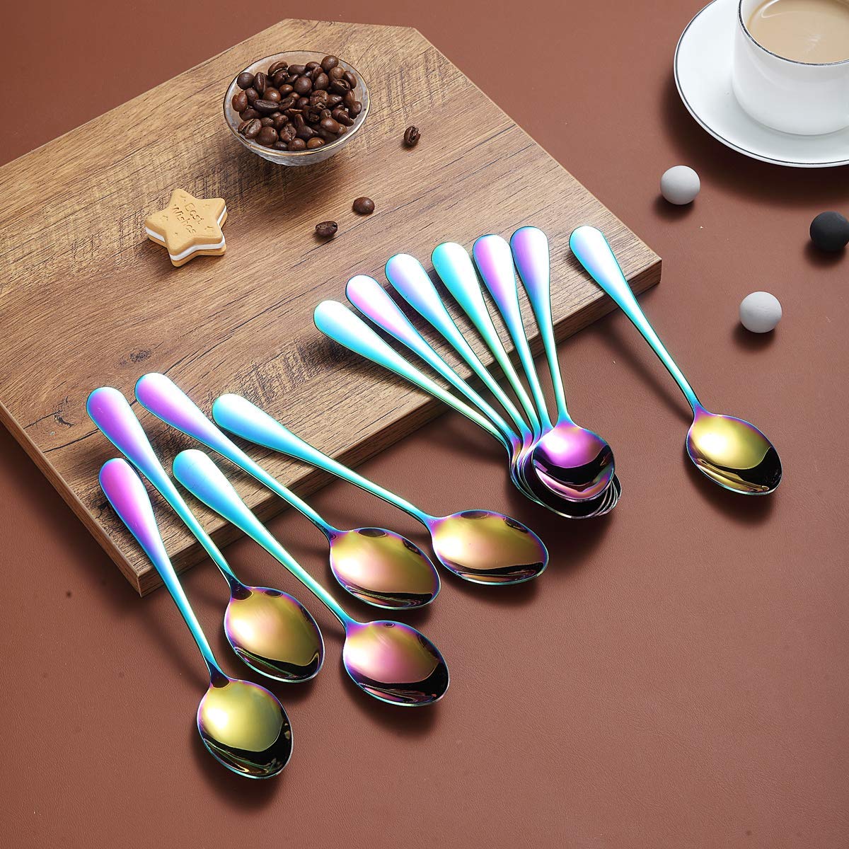 Rainbow Teaspoons 6.5'' Set Of 12, Berglander Stainless Steel Titanium Plating Shiny Mutil-Color Tea Spoons Silverware, Colorful