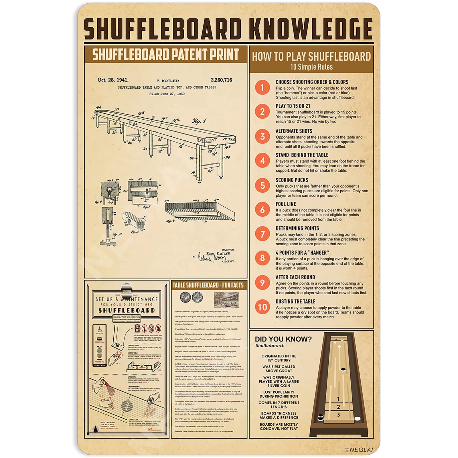 NEGLAI Shuffleboard Knowledge Metal Signs Poster, Vintage Wall Decor Farmhouse Decorations 16x12 Inches
