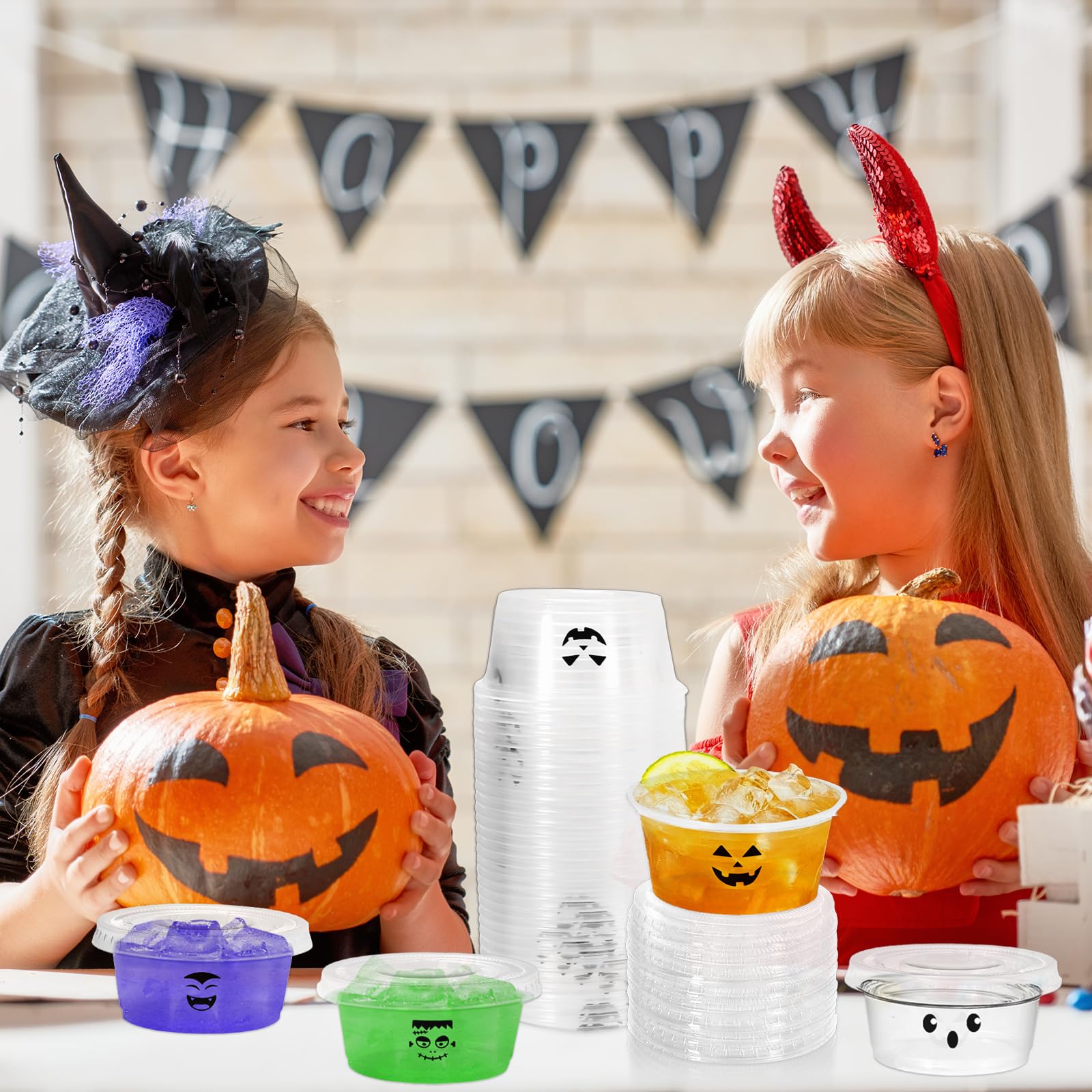 JarThenaAMCS 200Pcs 2 Oz Halloween Jelly Plastic Portion Containers Shot Cups with Lids Pumpkin Ghost Skeleton Monster Mini Sauc