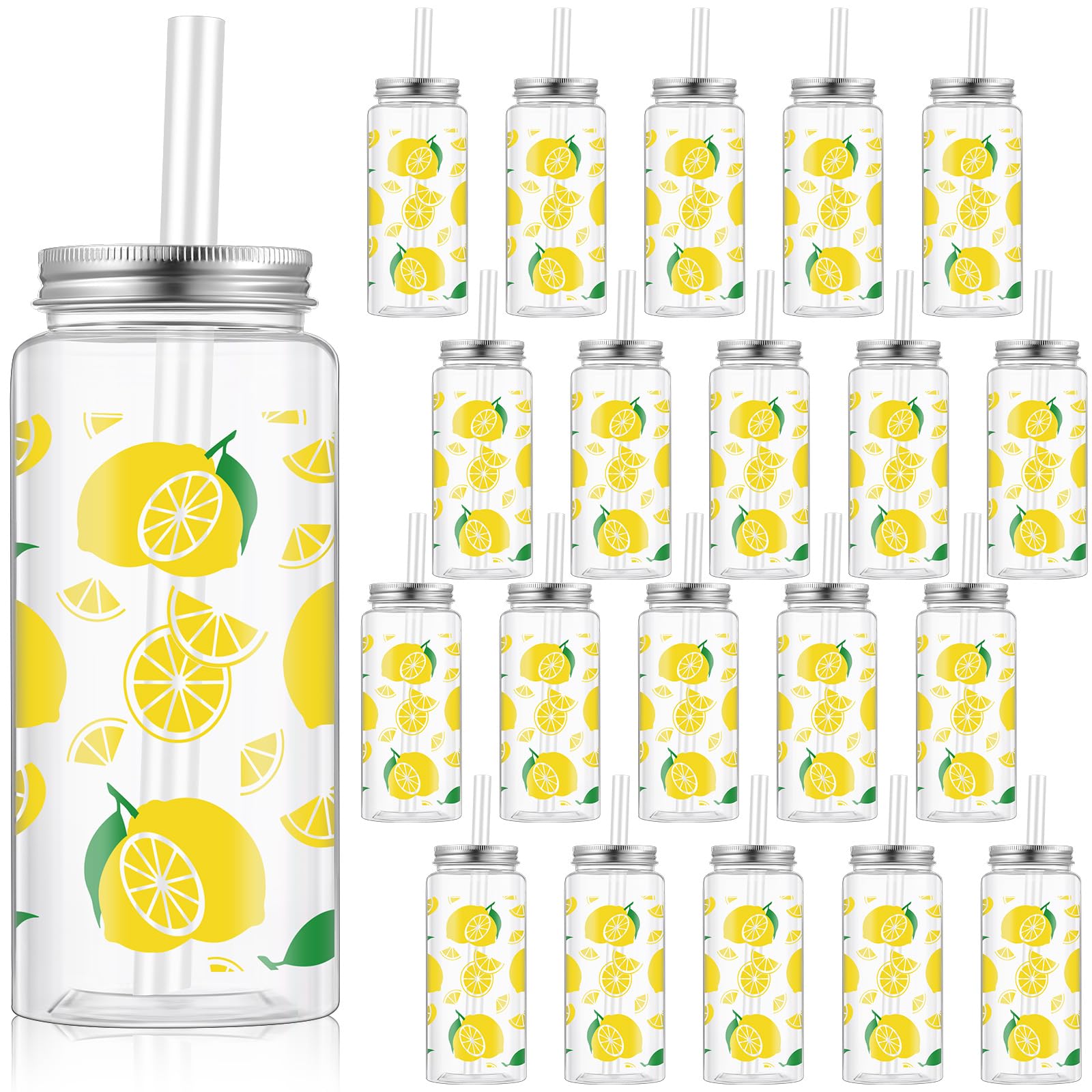 Vesici 24 Pcs Lemon Party Tumblers Bulk Reusable 13.5 oz Clear Plastic Cups with Straw and Lid for Summer Theme Birthday Wedding