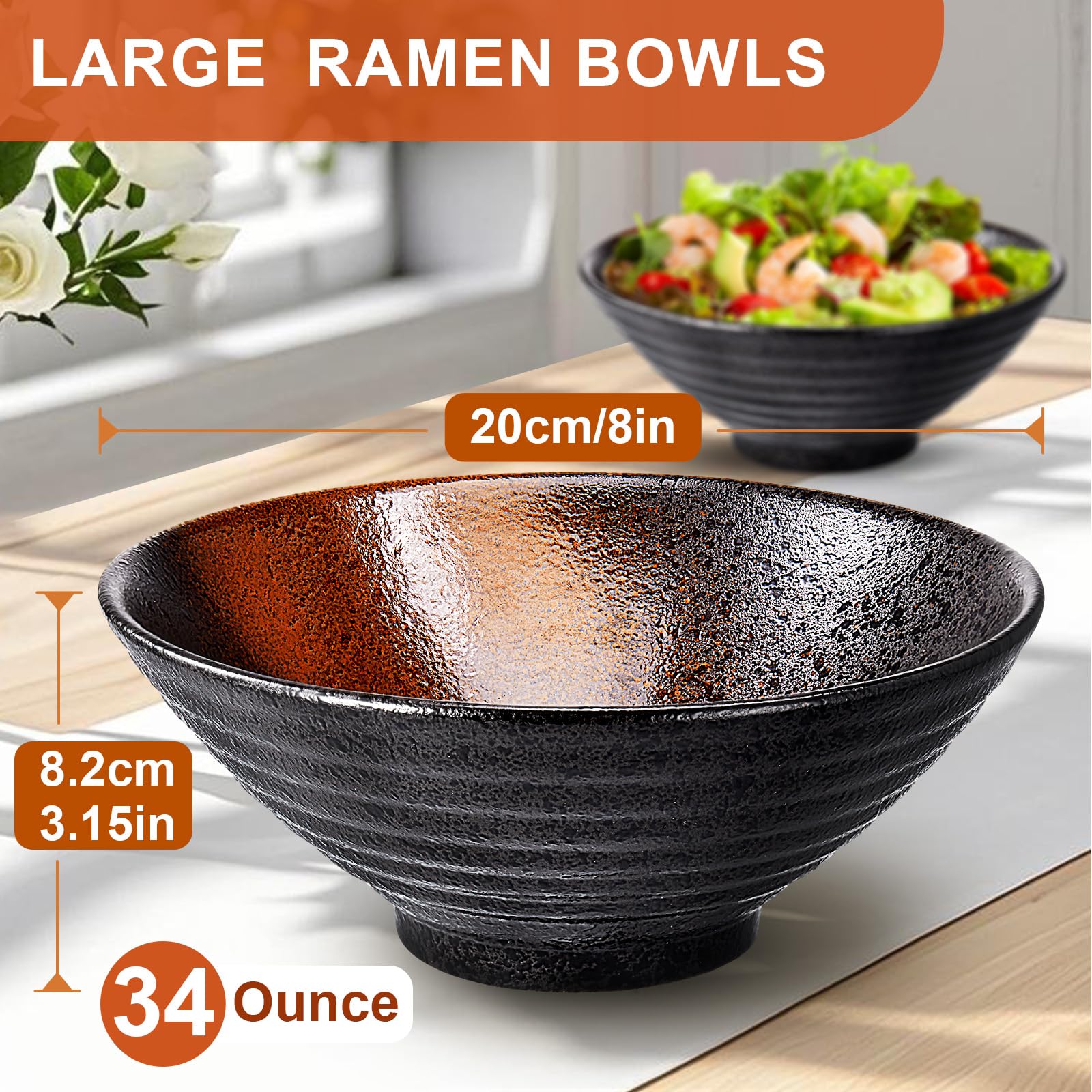 Ramen Bowls Set of ceramic  2 Sets of 34 Ounces Large Japanese Serving Bowls with chopsticks and Spoons for Pho Soup Pasta Salad  Essential Dinnerware for New Apartments Suitable as Housewarming gifts