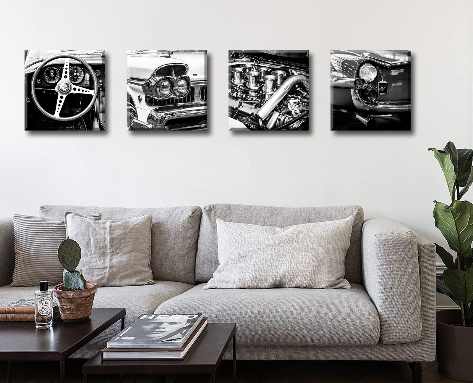 Djsylife Black And White Wall Art Vintage Car Posters Decor Mens Bedroom Boys Room Office Paintings Canvas Pictures Framed Ready
