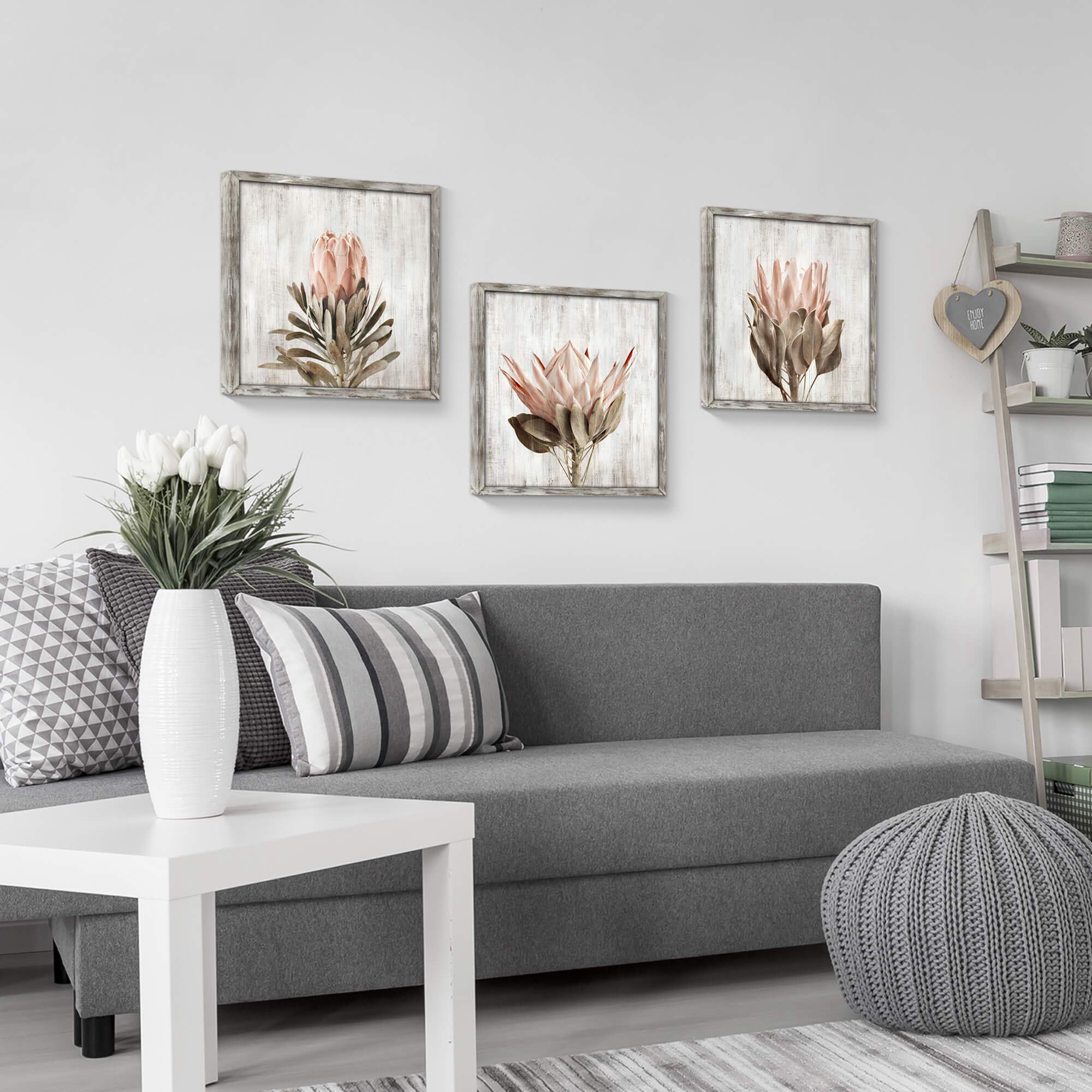 Pink Floral Wall Art Picture: Blossom Protea Flower Artwork Print On Rustic Wood Framed For Home Decor (16    X 16    X 3 Panels