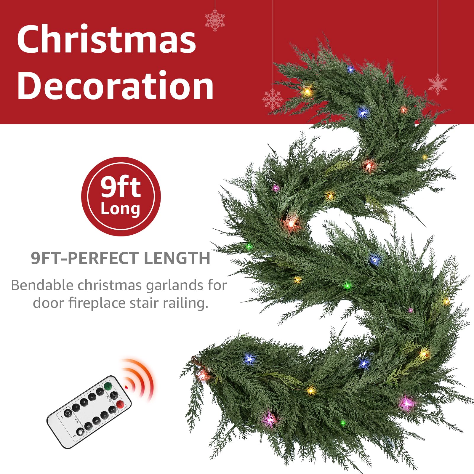 Christmas Cedar Garland Realistic with Lights - Cypress Decorations 9ft for Mantle Lighted Faux Pine Garlands for Xmas Home Deco