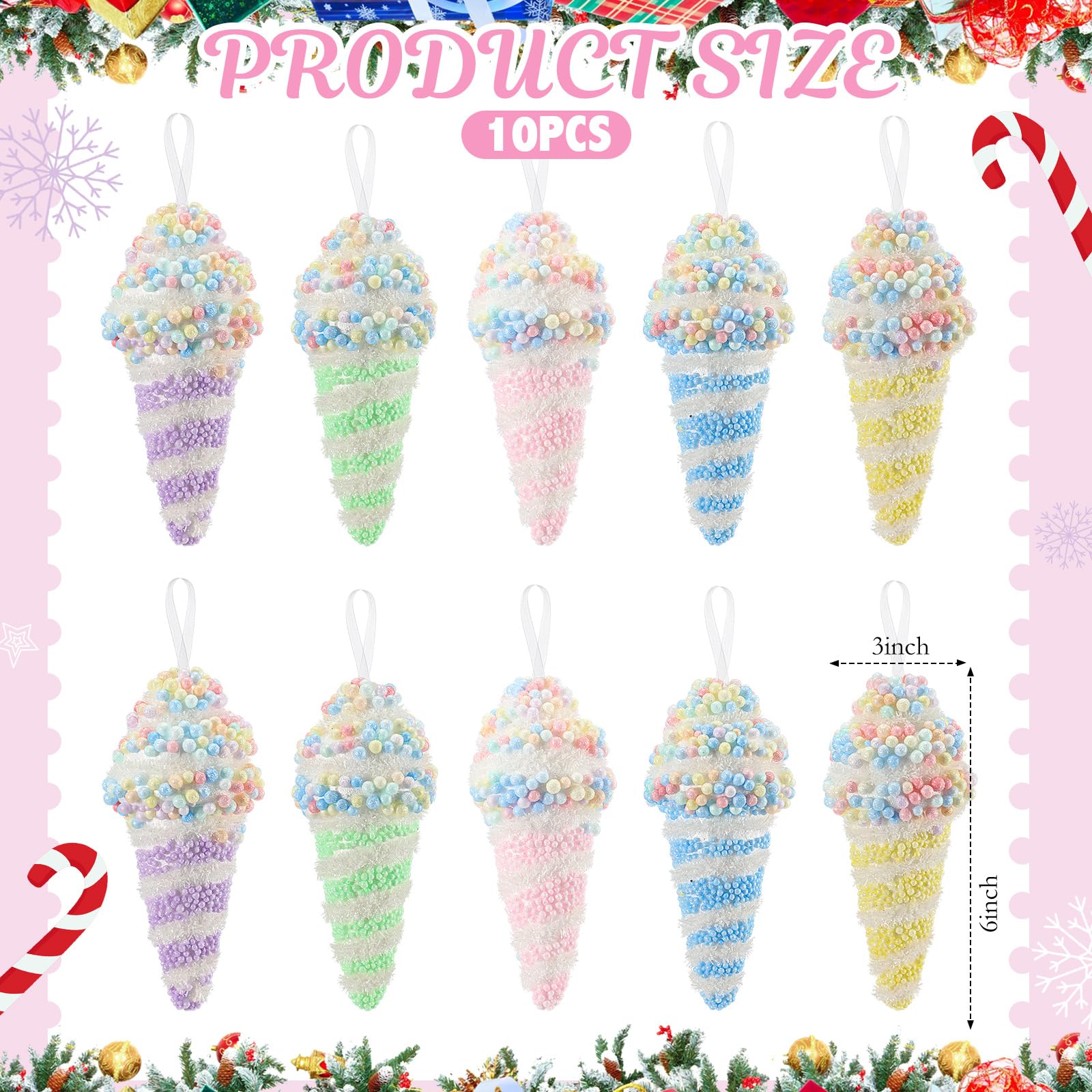 Sosation 10 Pcs Candy Christmas Tree Ornaments 2025 Pastel Christmas Tree Decoration 5.9 Inch Ice Cream Ornaments Pastel Color D