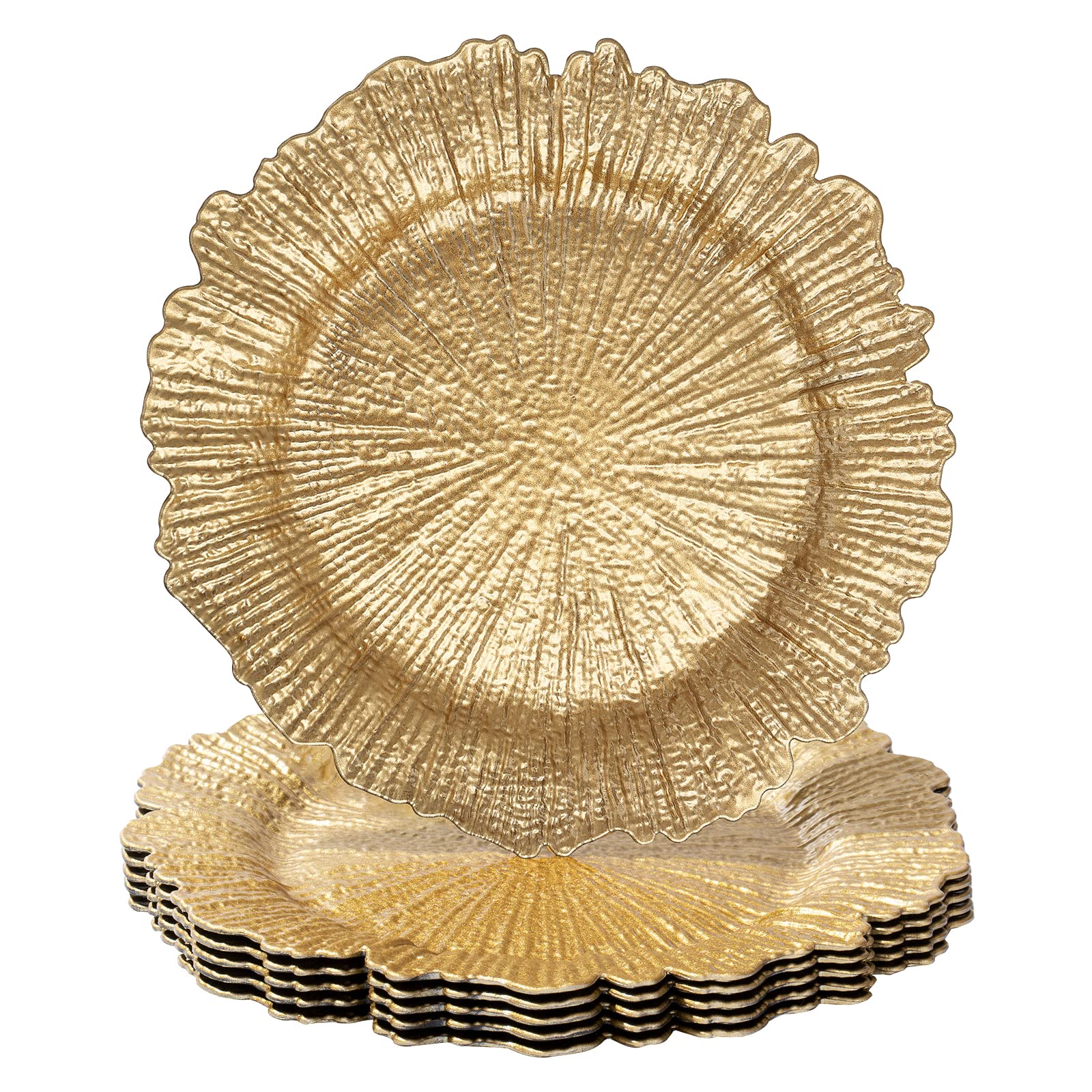 Maoname Round 13'' Gold Charger Plates, Set Of 6, Reef Plate Chargers For Dinner Plates, Plastic Table Chargers For Wedding, Tha